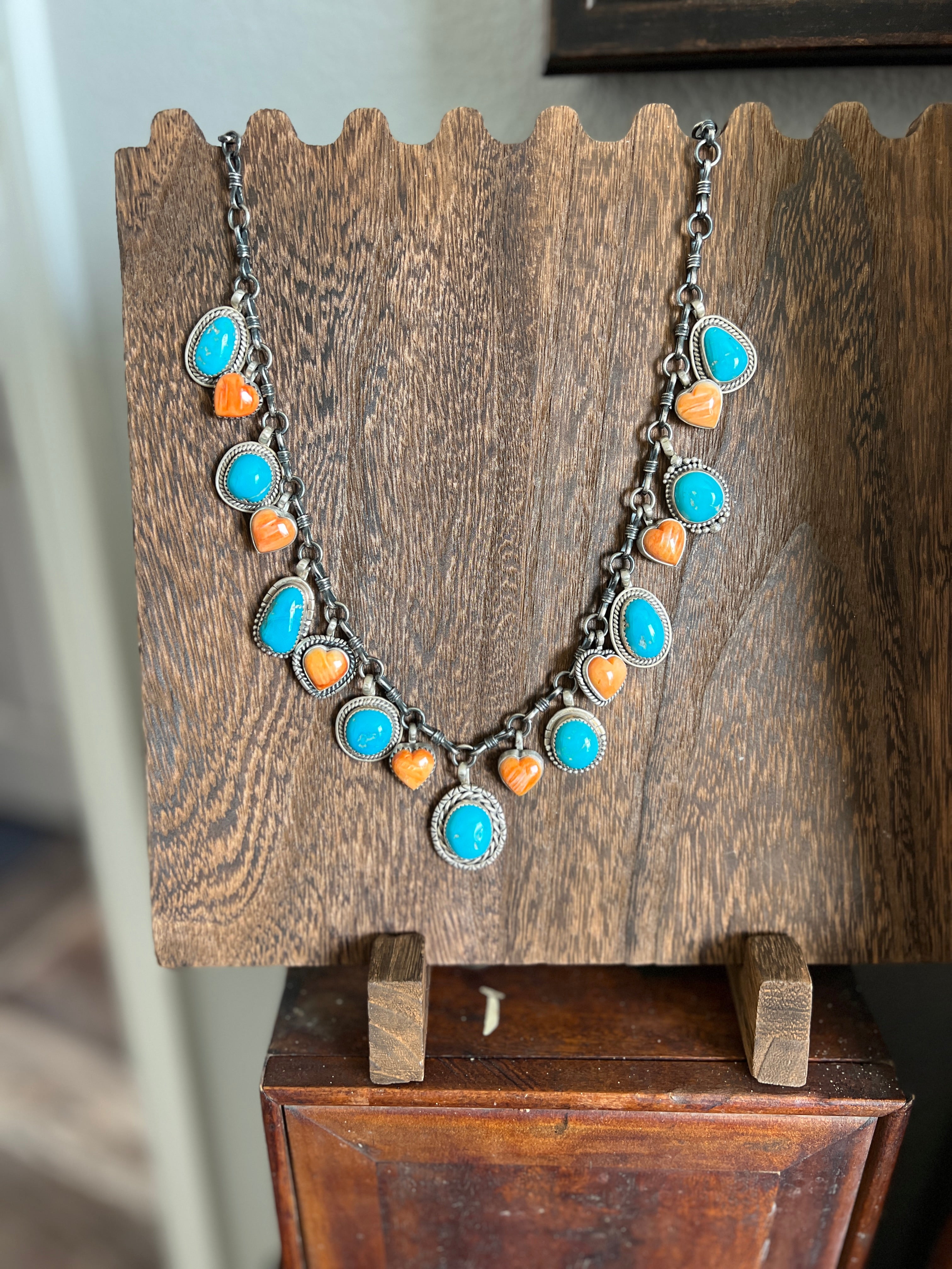 Navajo Sterling Silver, Turquoise & Spiny Heart Necklace, Signed RY