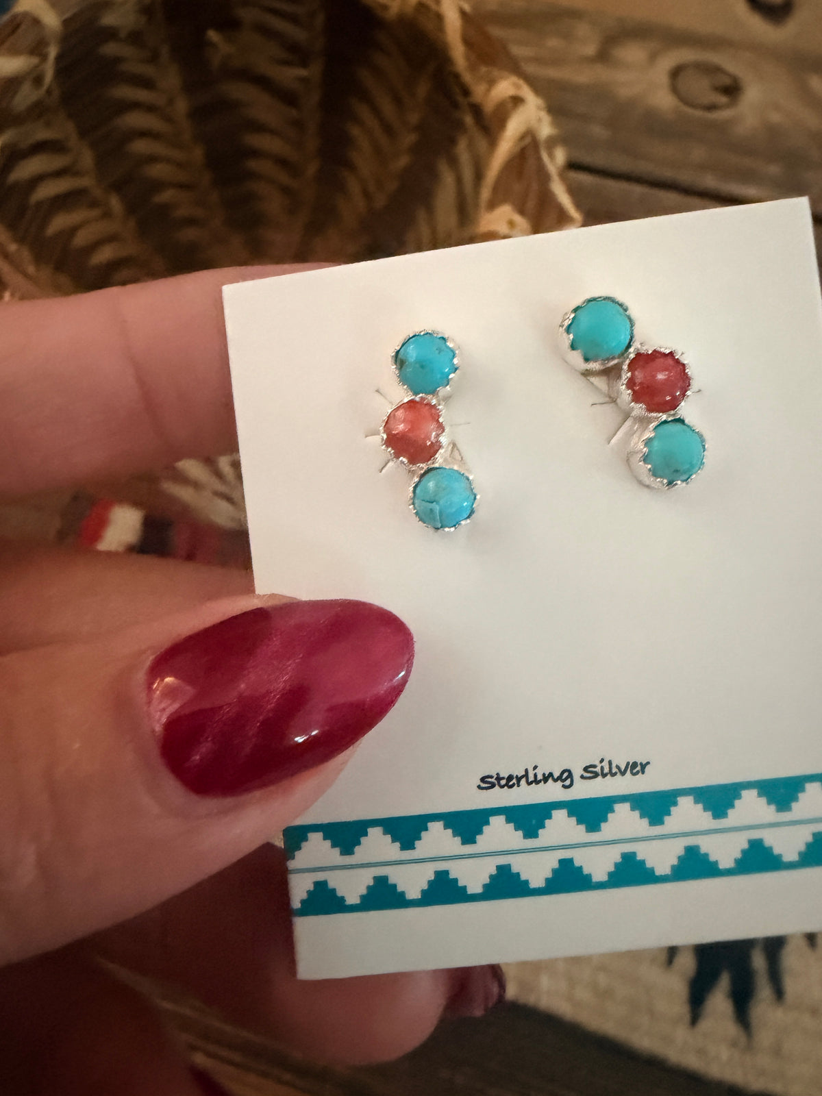 Handcrafted Turquoise, Coral & Sterling Silver Stud Earrings