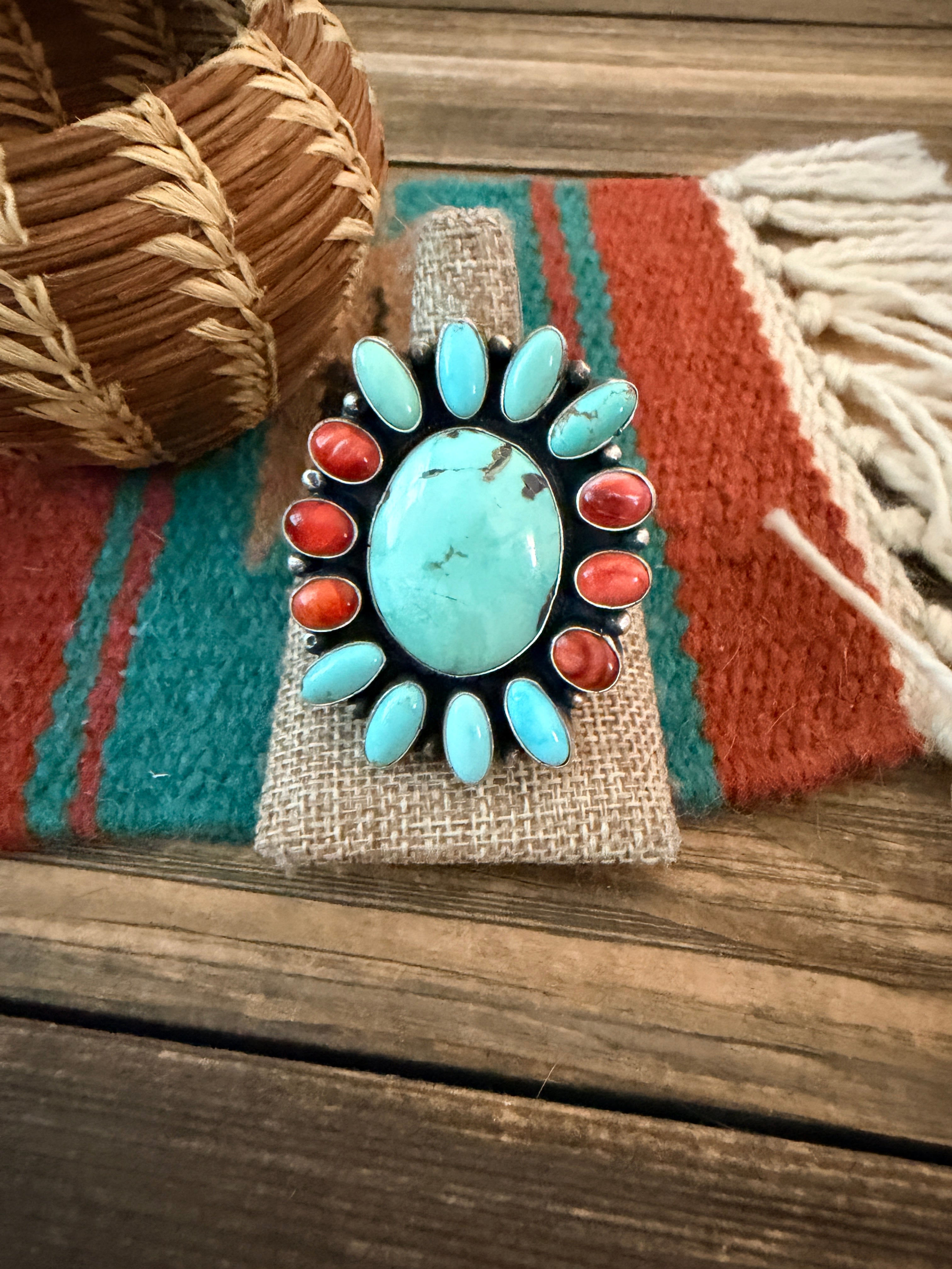 Handcrafted Spiny Oyster, Turquoise & Sterling Silver Cluster Ring by Sheila Becenti Size 11