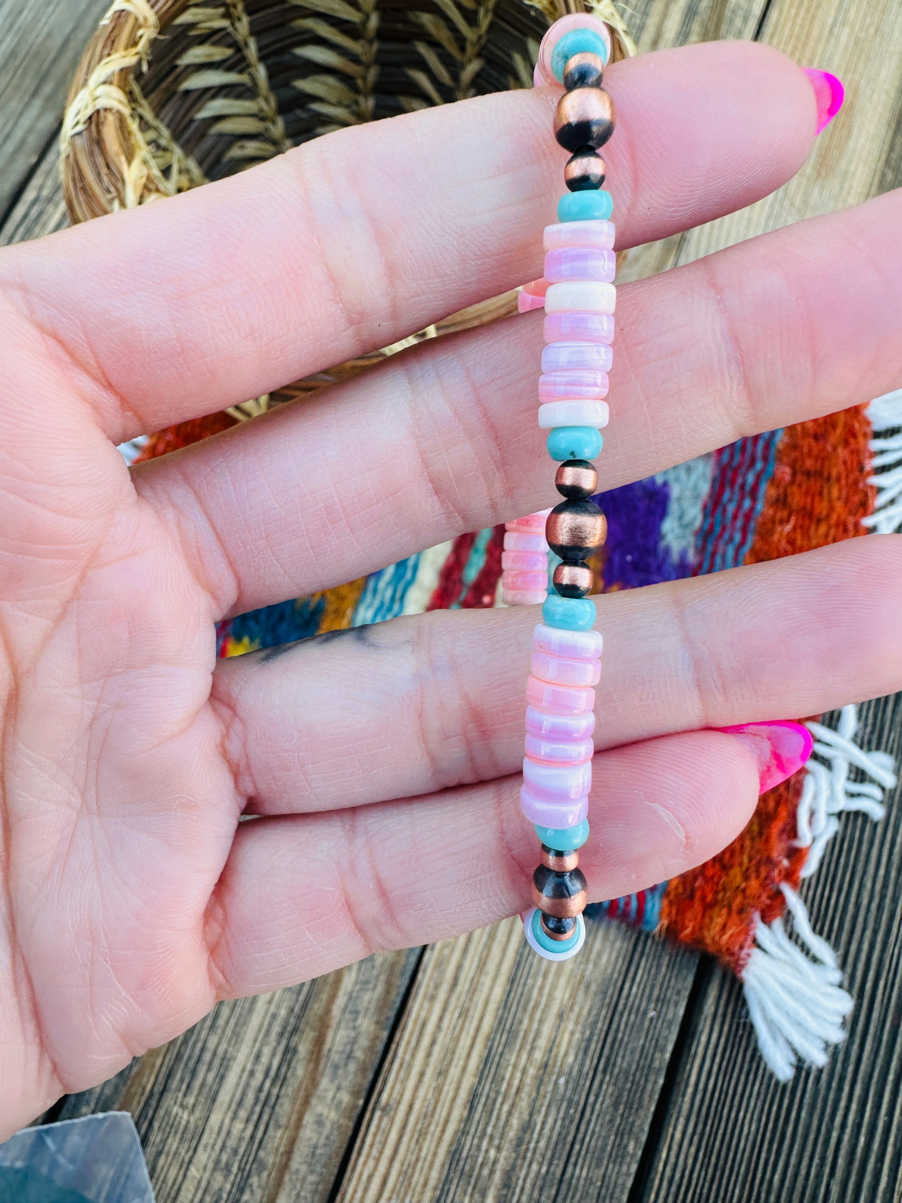 Handcrafted Queen Pink Conch, Turquoise & Copper Beaded Bracelet