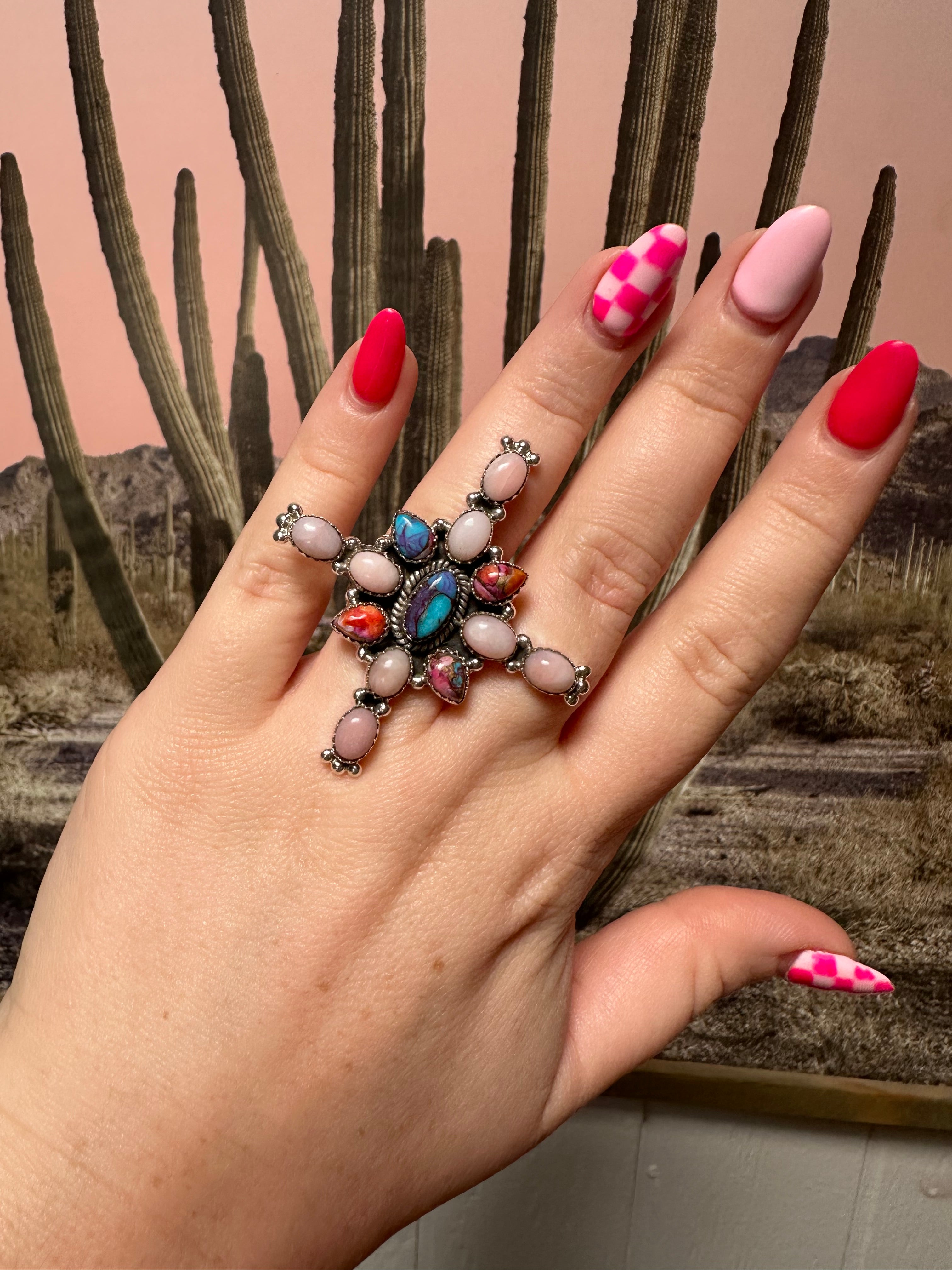 Beautiful Handmade Pink Dream Mojave, Pink Conch And Sterling Silver Adjustable Ring