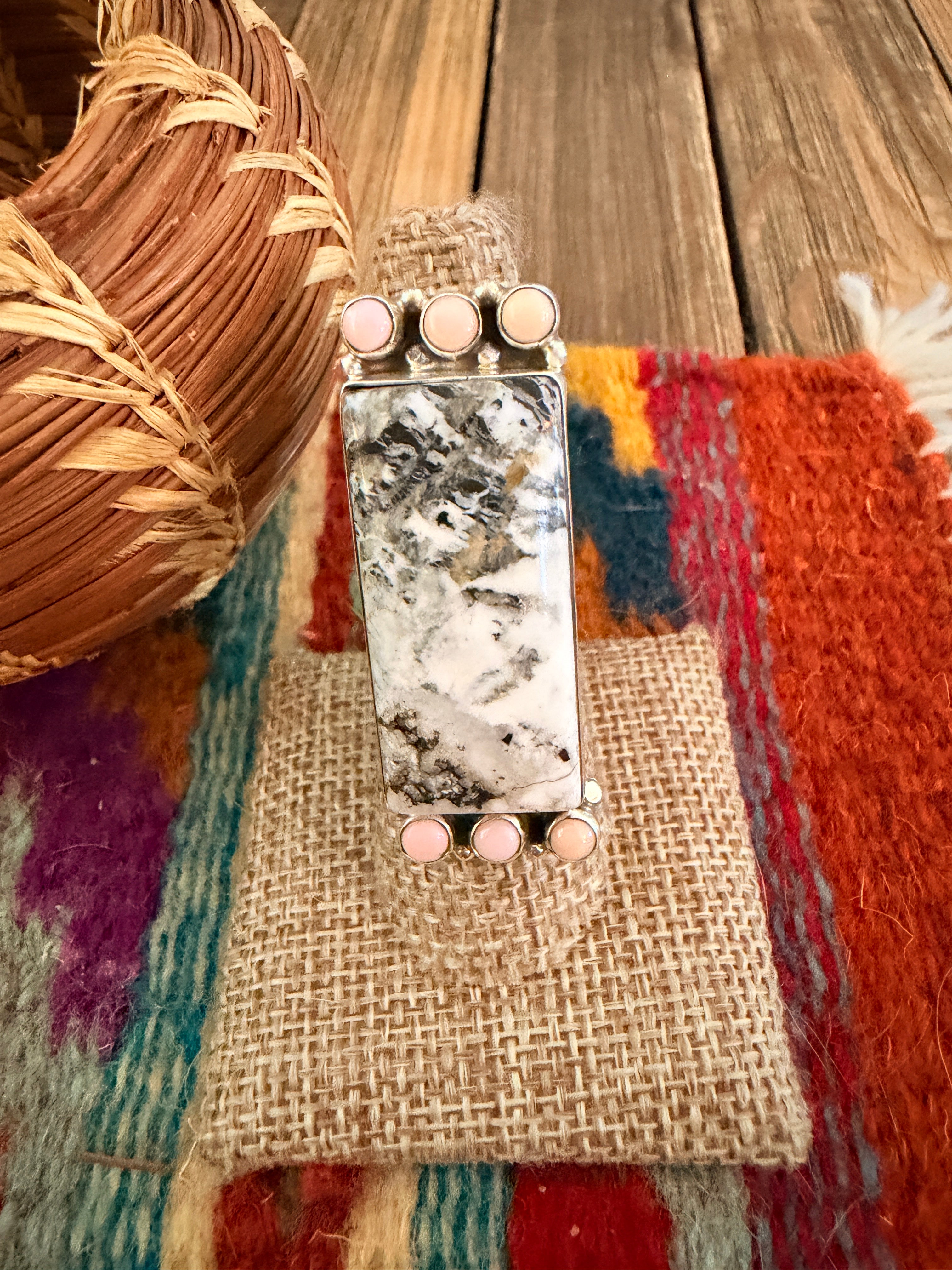Handcrafted White Buffalo & Queen Pink Conch & Sterling Silver Adjustable Ring