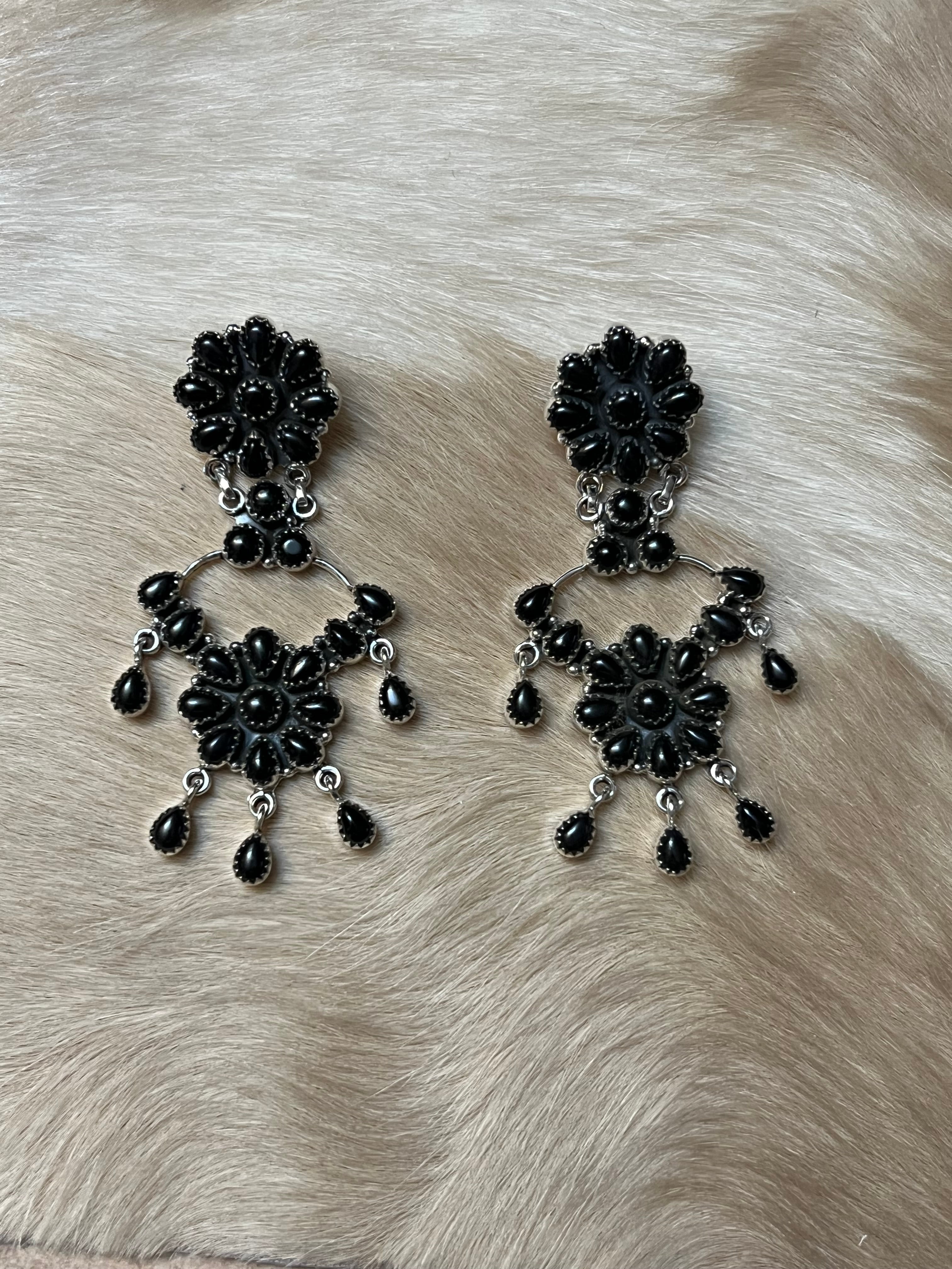 Handmade Sterling Silver & Black Onyx Cluster Chandelier Dangle Earrings