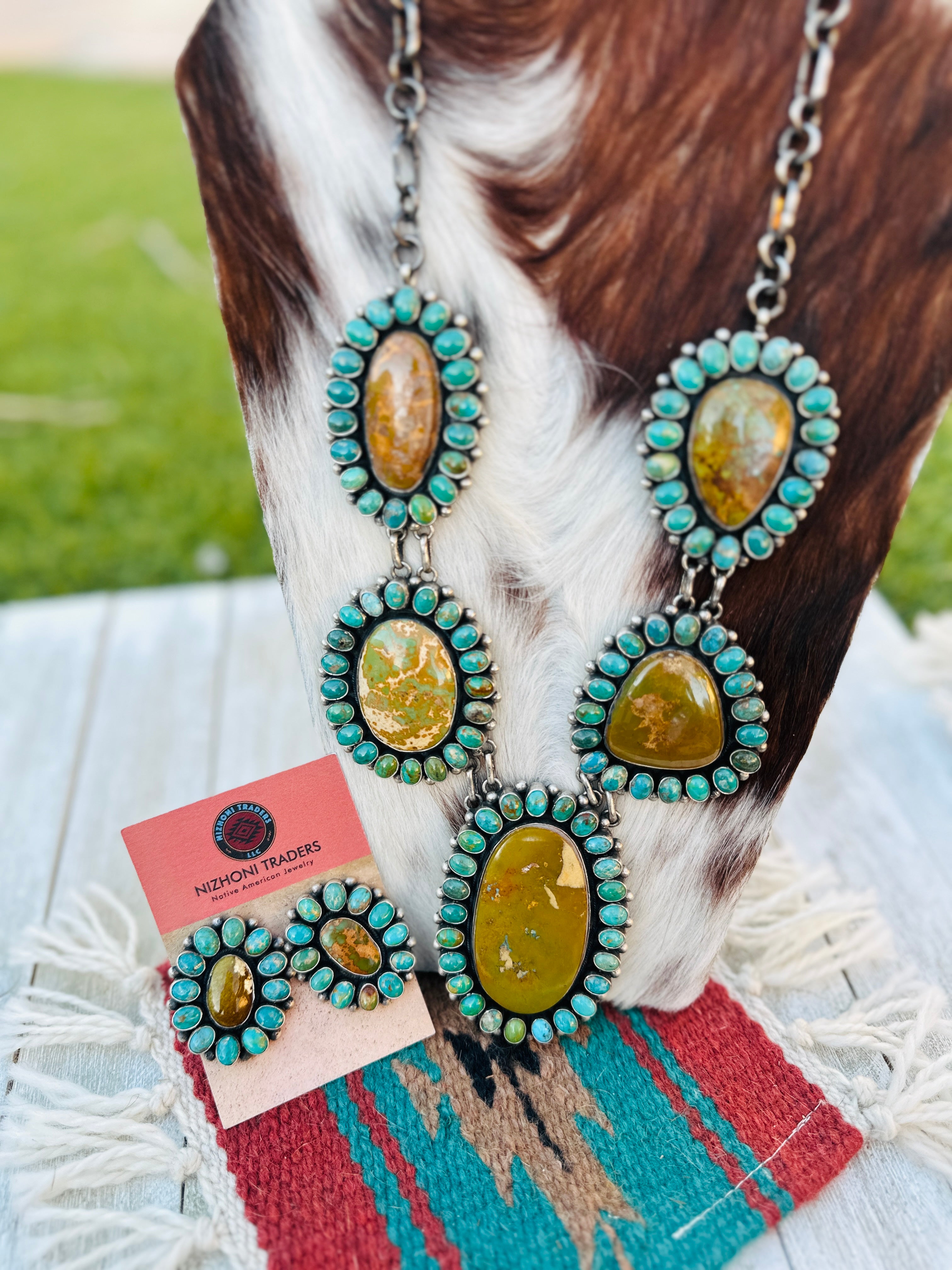 Handcrafted Royston, Kingman Turquoise & Sterling Silver Necklace and Earring Set by Blaine Yellowhorse