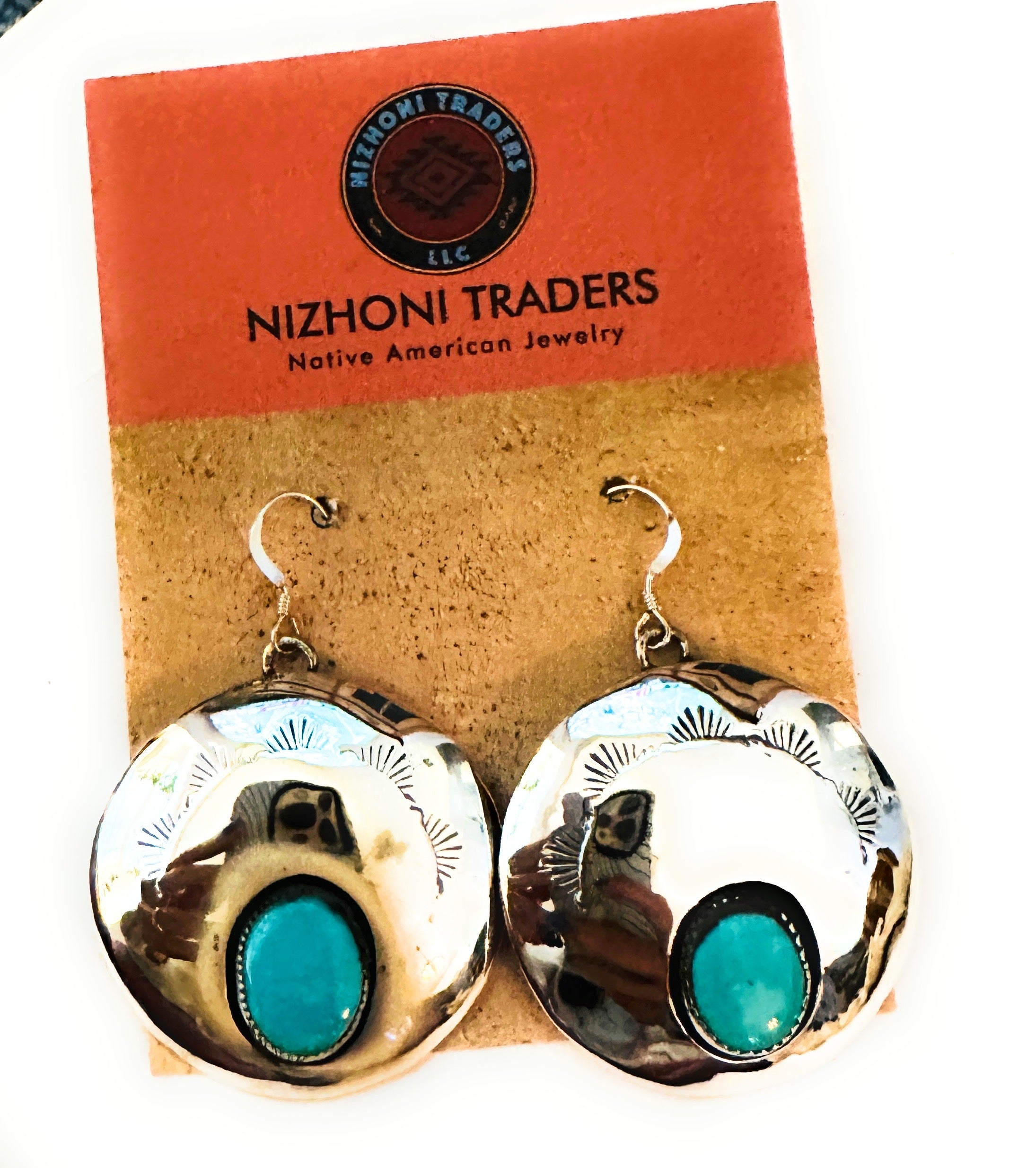 Navajo Hand Stamped Sterling Silver & Turquoise Dangle Earrings