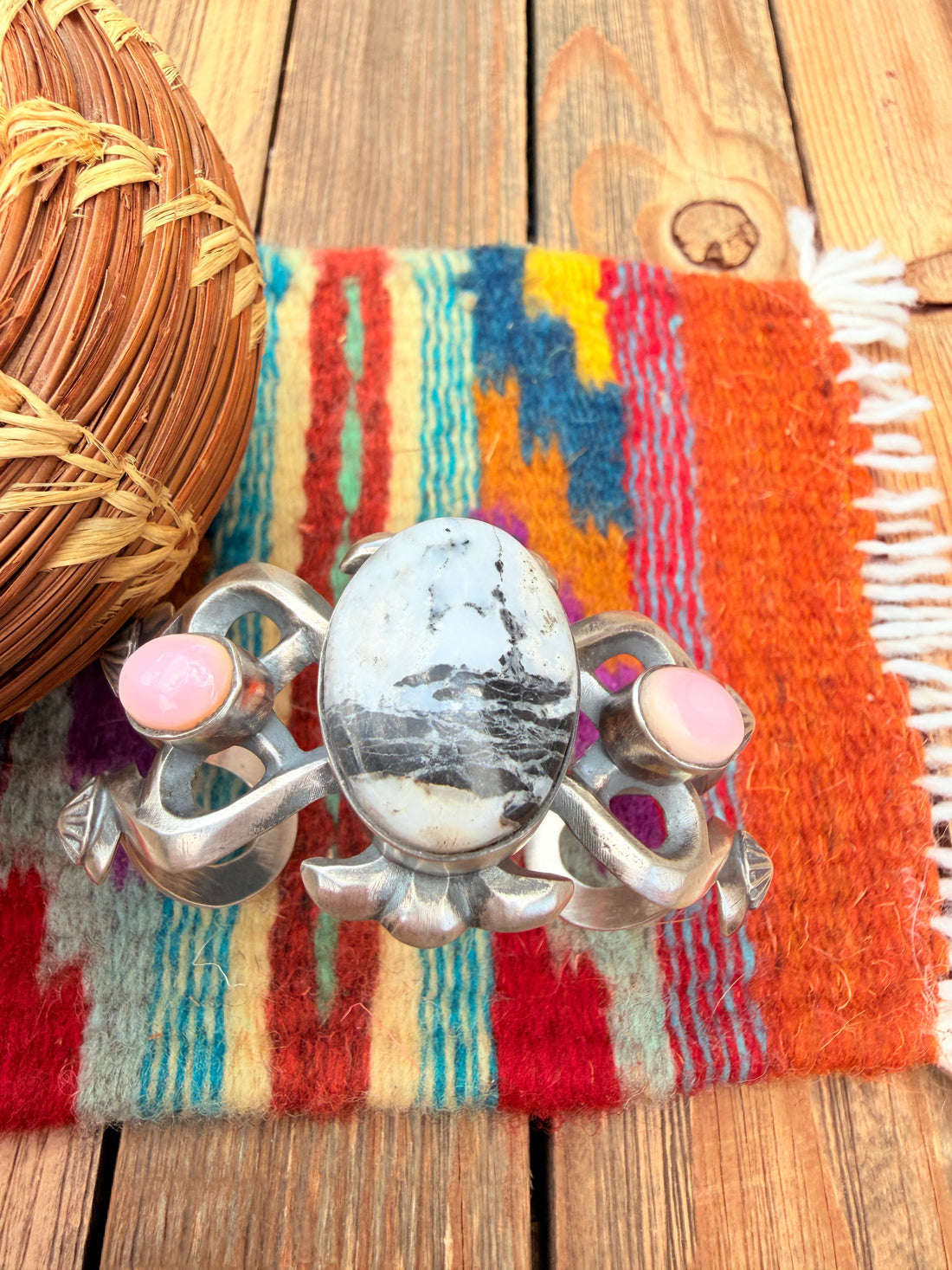 Handcrafted White Buffalo, Queen Pink & Sterling Silver Cuff Bracelet By Chimney Butte