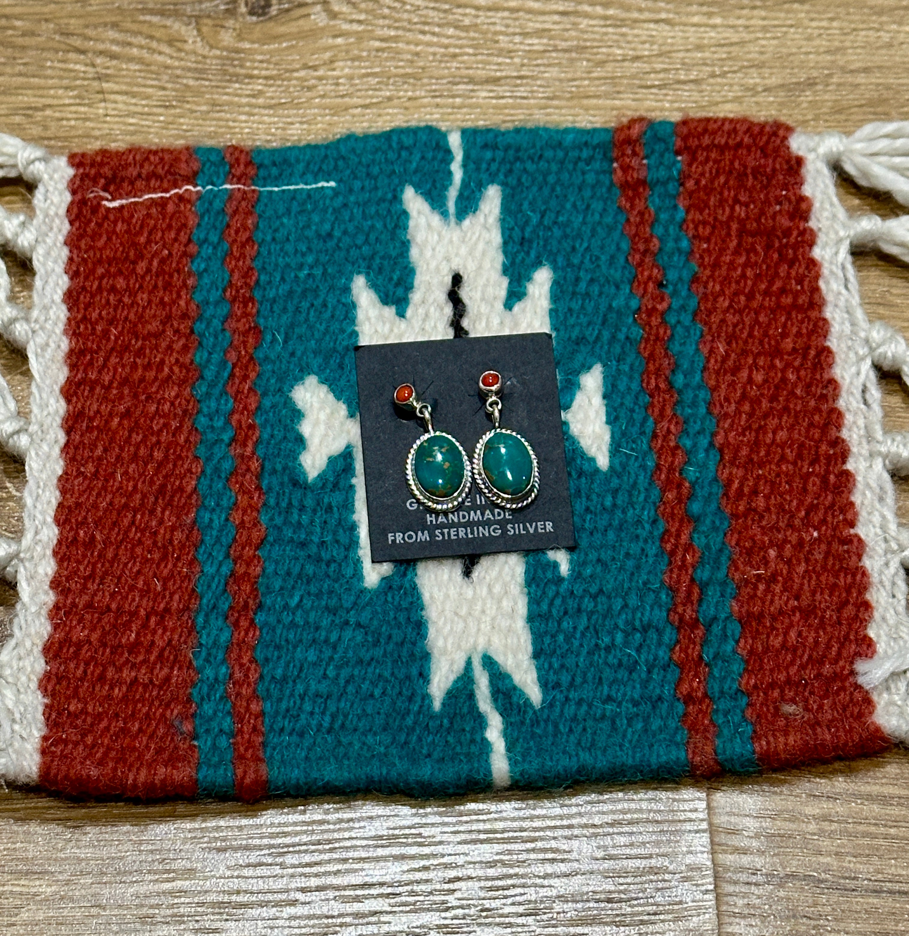 Handcrafted Turquoise, Coral & Sterling Silver Dangle Earrings