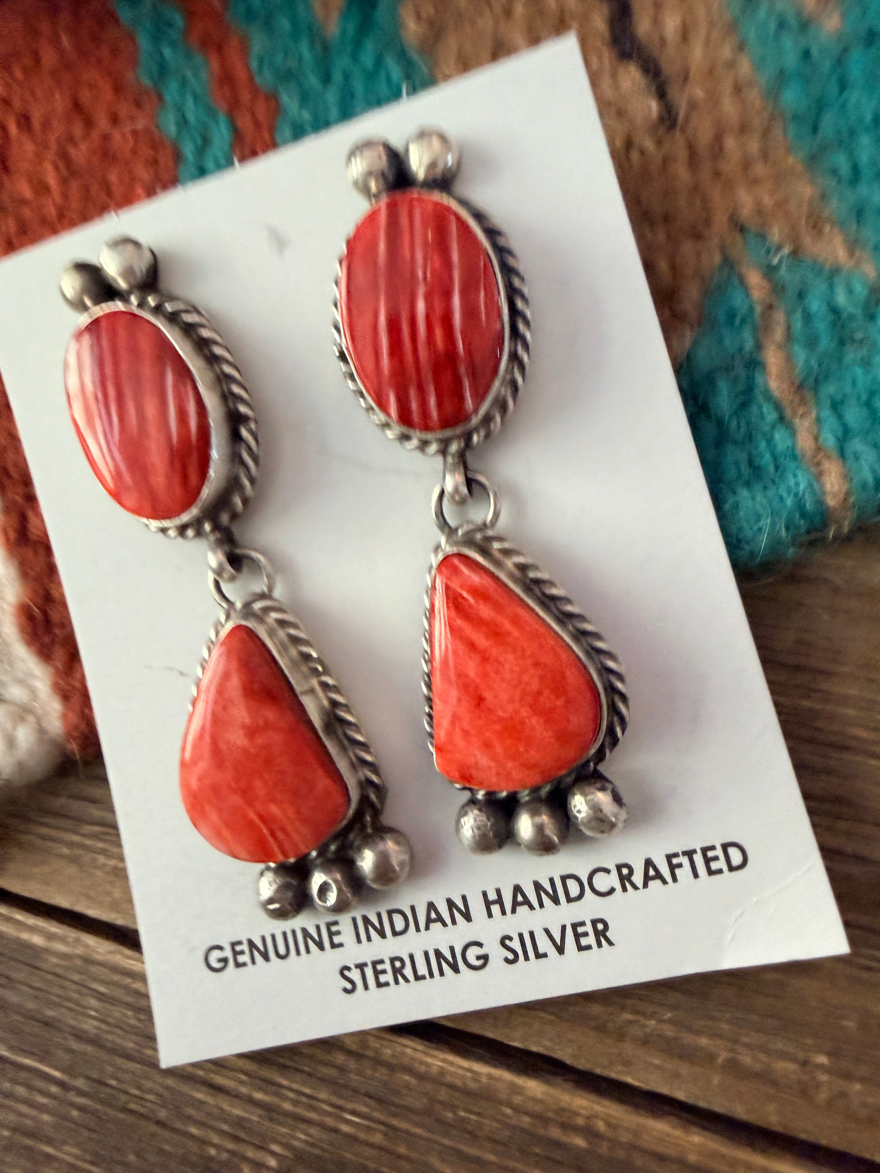 Handcrafted Red Spiny and Sterling Silver Dangle Earrings by Vicky Hicks