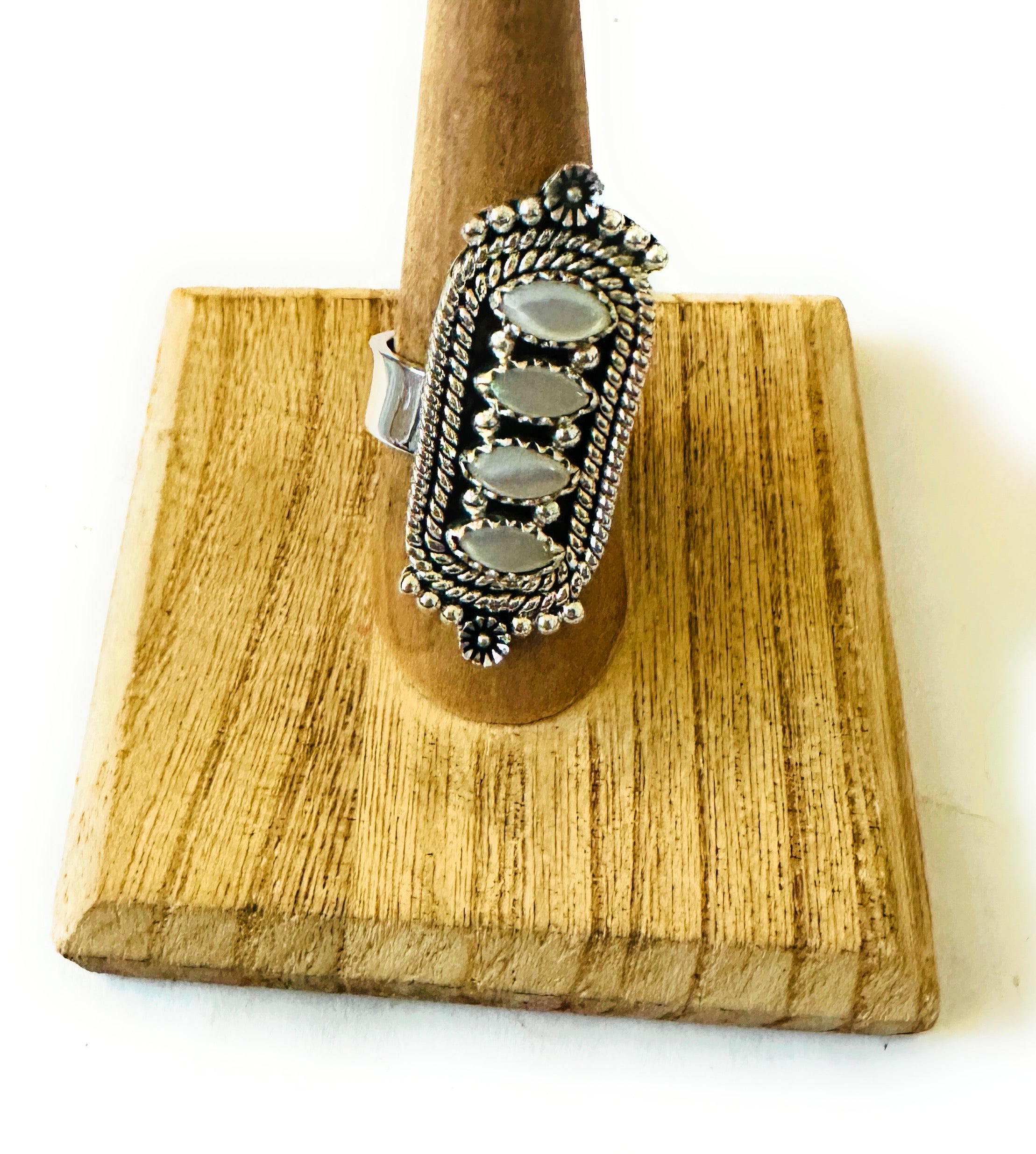 Handmade Sterling Silver & Mother of Pearl Cluster Adjustable Ring by Nizhoni