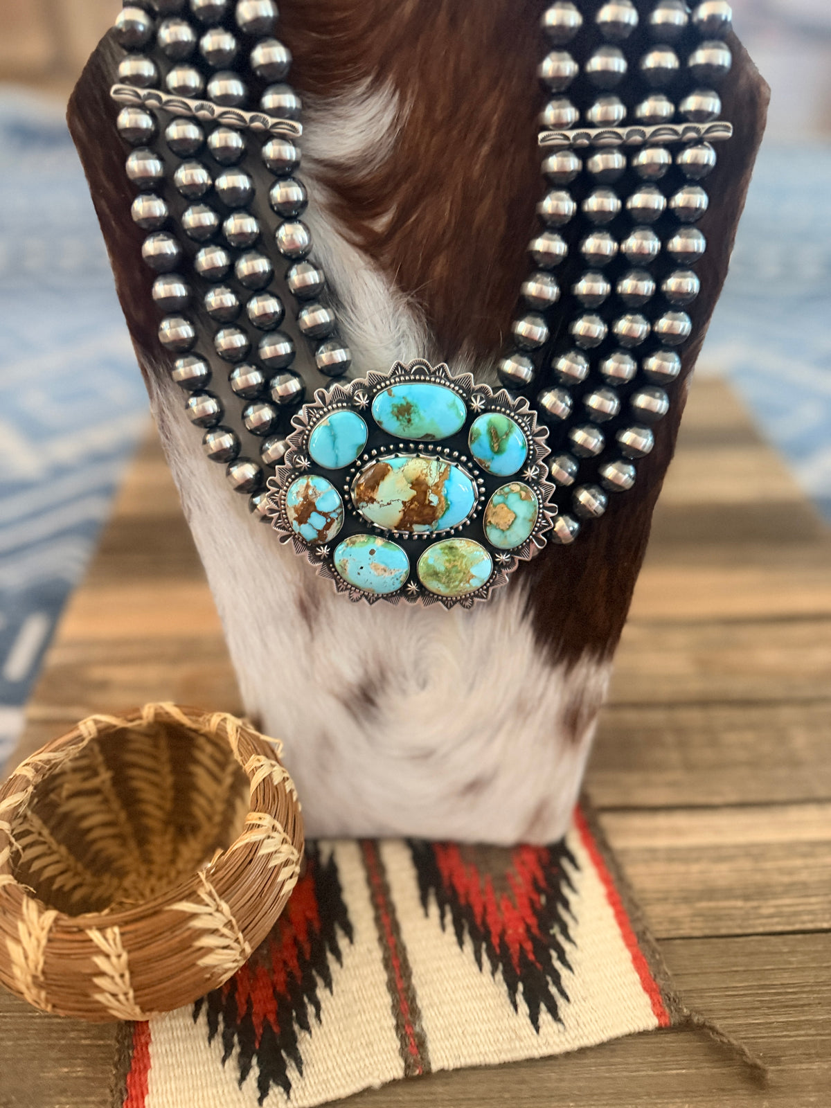 Handcrafted Beaded Sterling Silver & Sonoran Mountain Turquoise Cluster Necklace by Charles Johnson