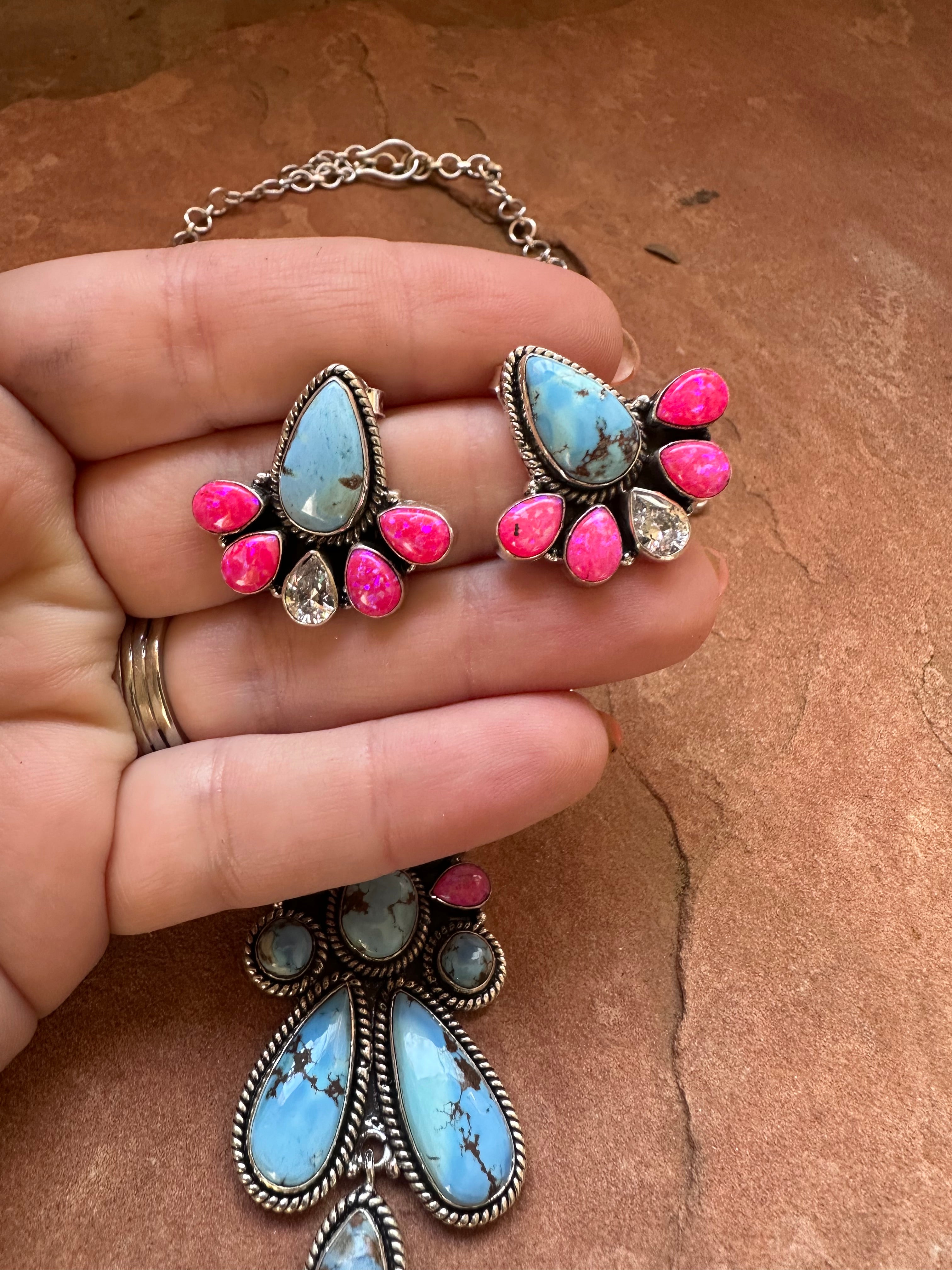 Handmade Sterling Silver, Hot Pink Fire Opal, CZ & Golden Hills Turquoise Set Necklace Signed Nizhoni