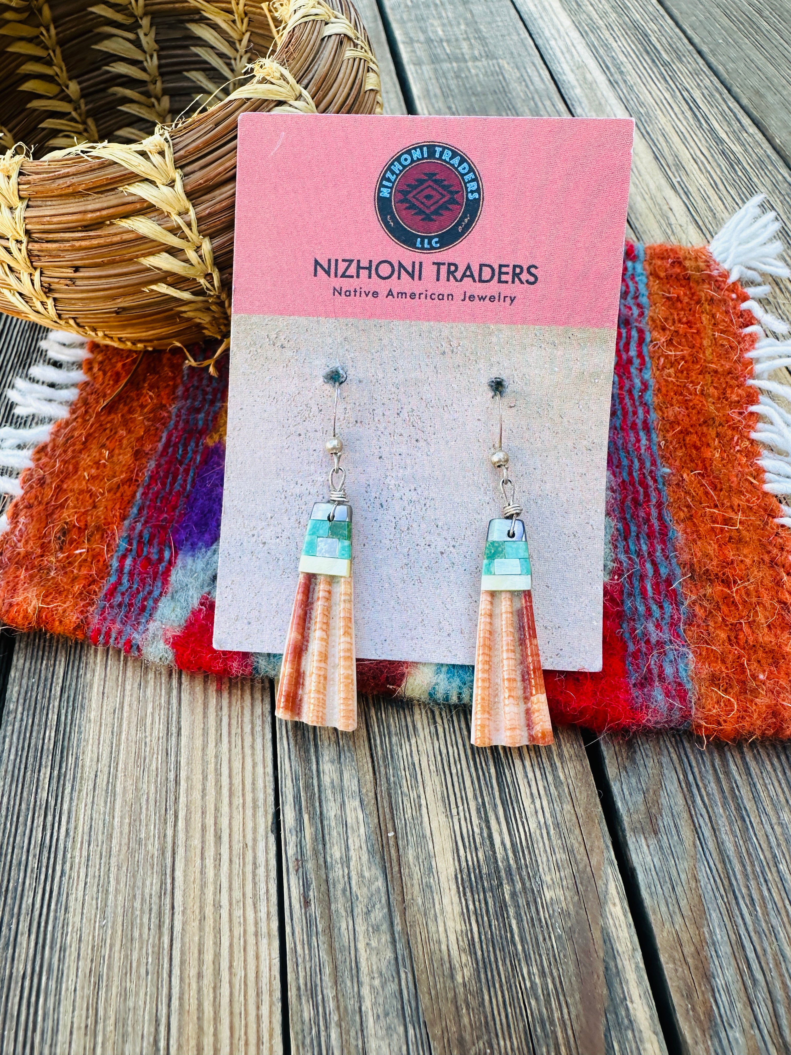 Old Pawn Handcrafted Orange Spiny & Multi Stone Inlay Dangle Earrings