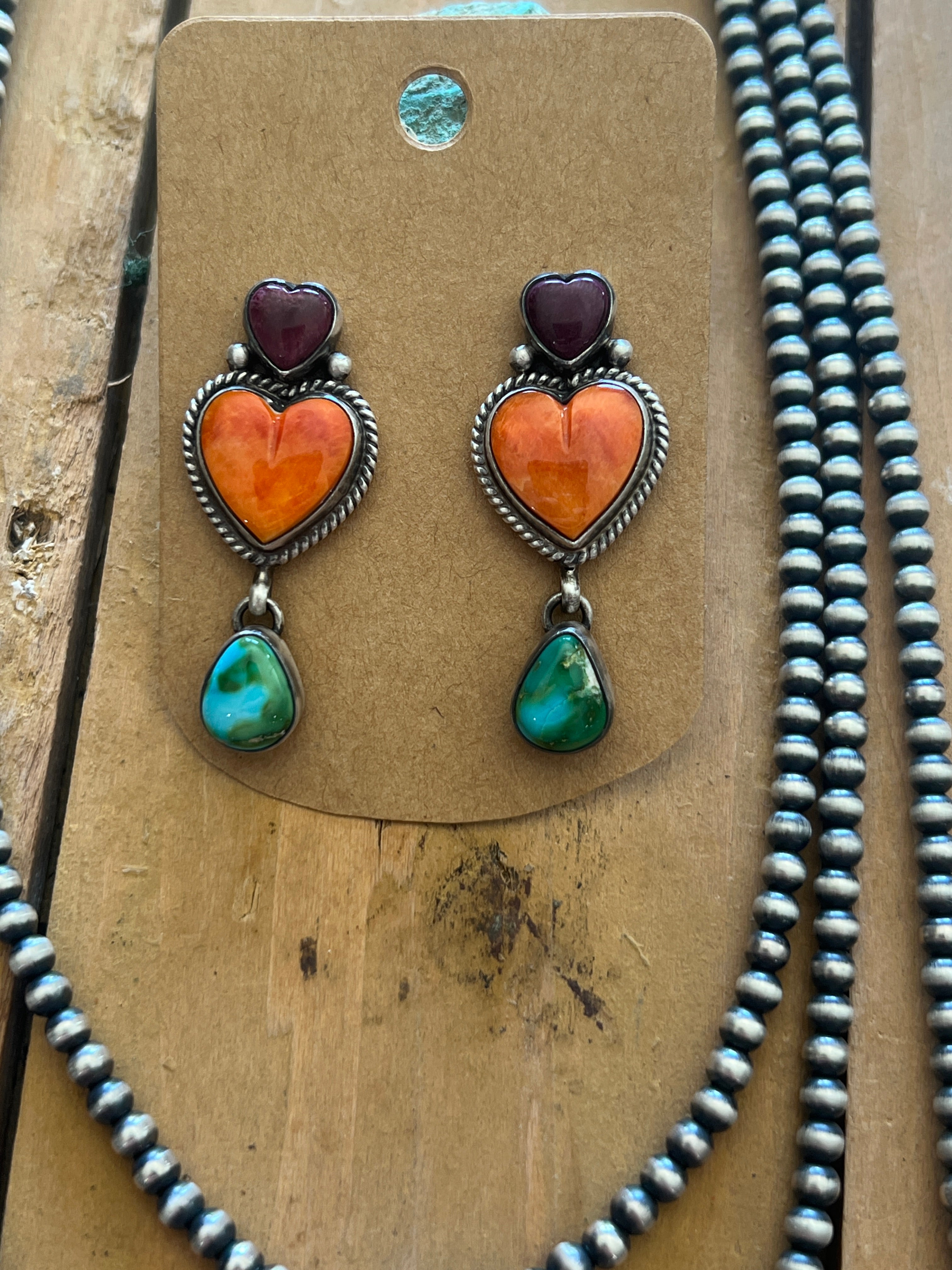 Sterling Silver Electric Rainbow Triple Layer Beaded Drop Heart Necklace & Earrings Set by Loretta Delgarito