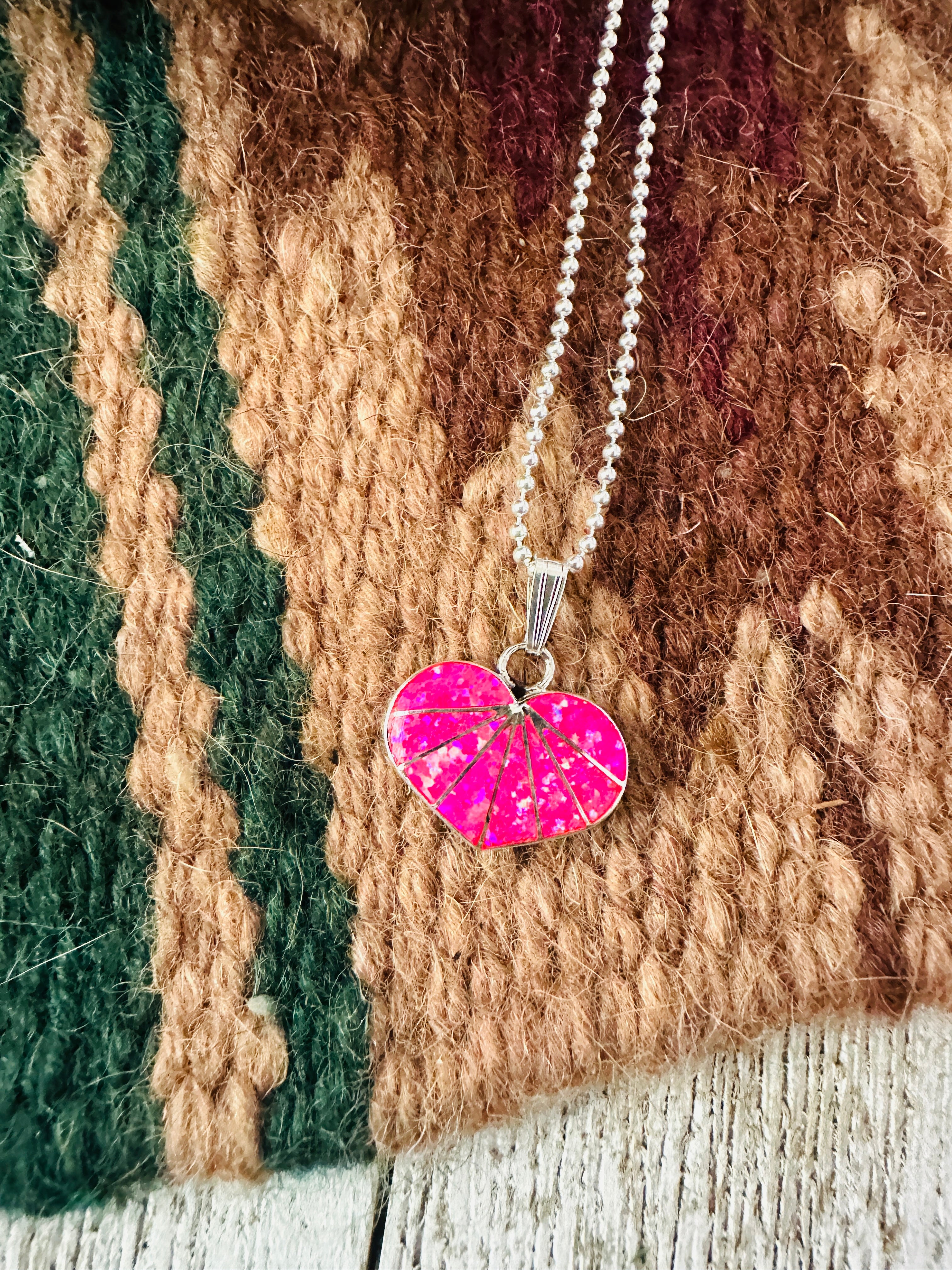 Handcrafted Hot Pink Opal & Sterling Silver Inlay Heart Pendant