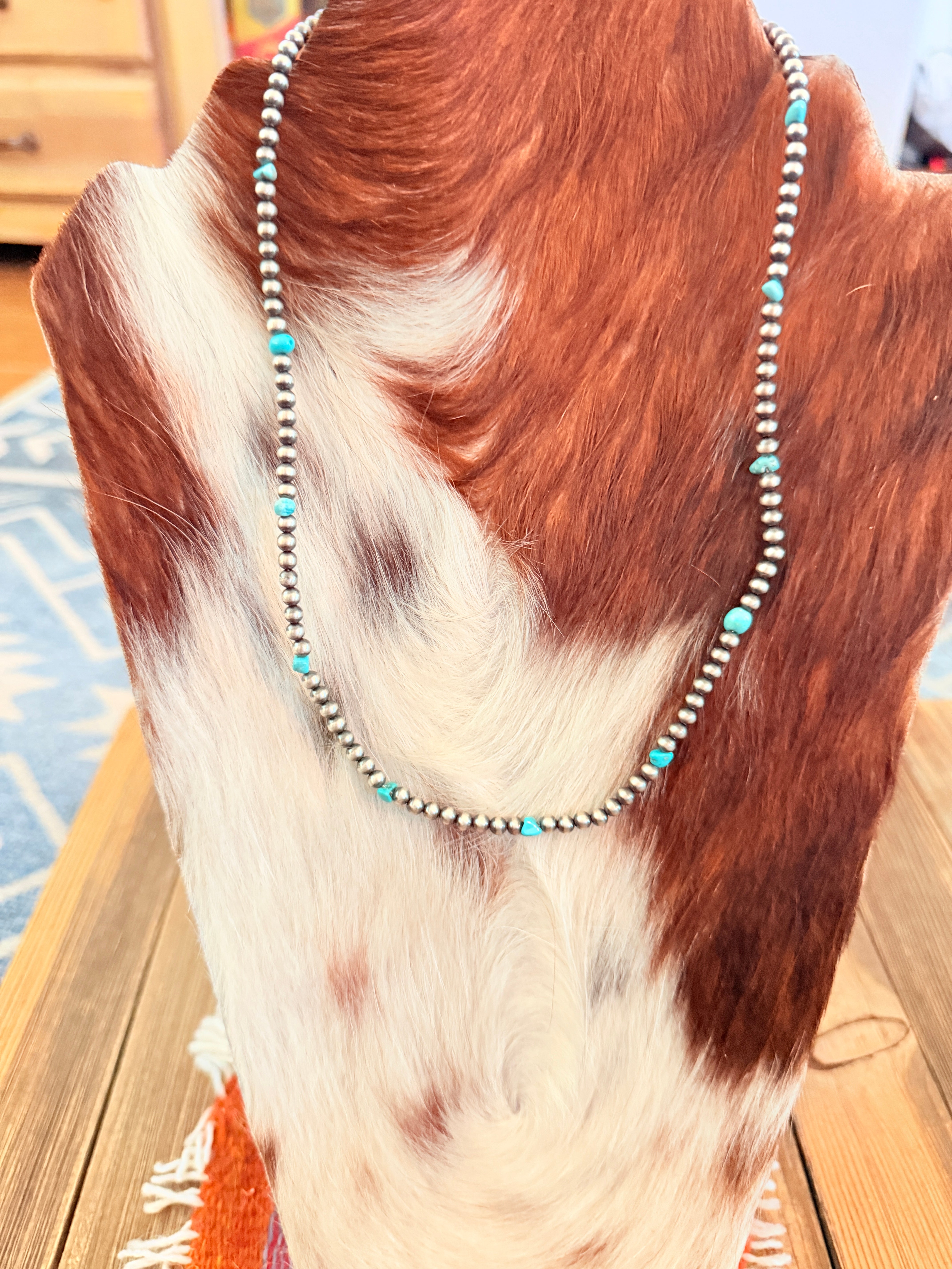 Handcrafted Turquoise & 4mm Sterling Silver 18” Beaded Necklace