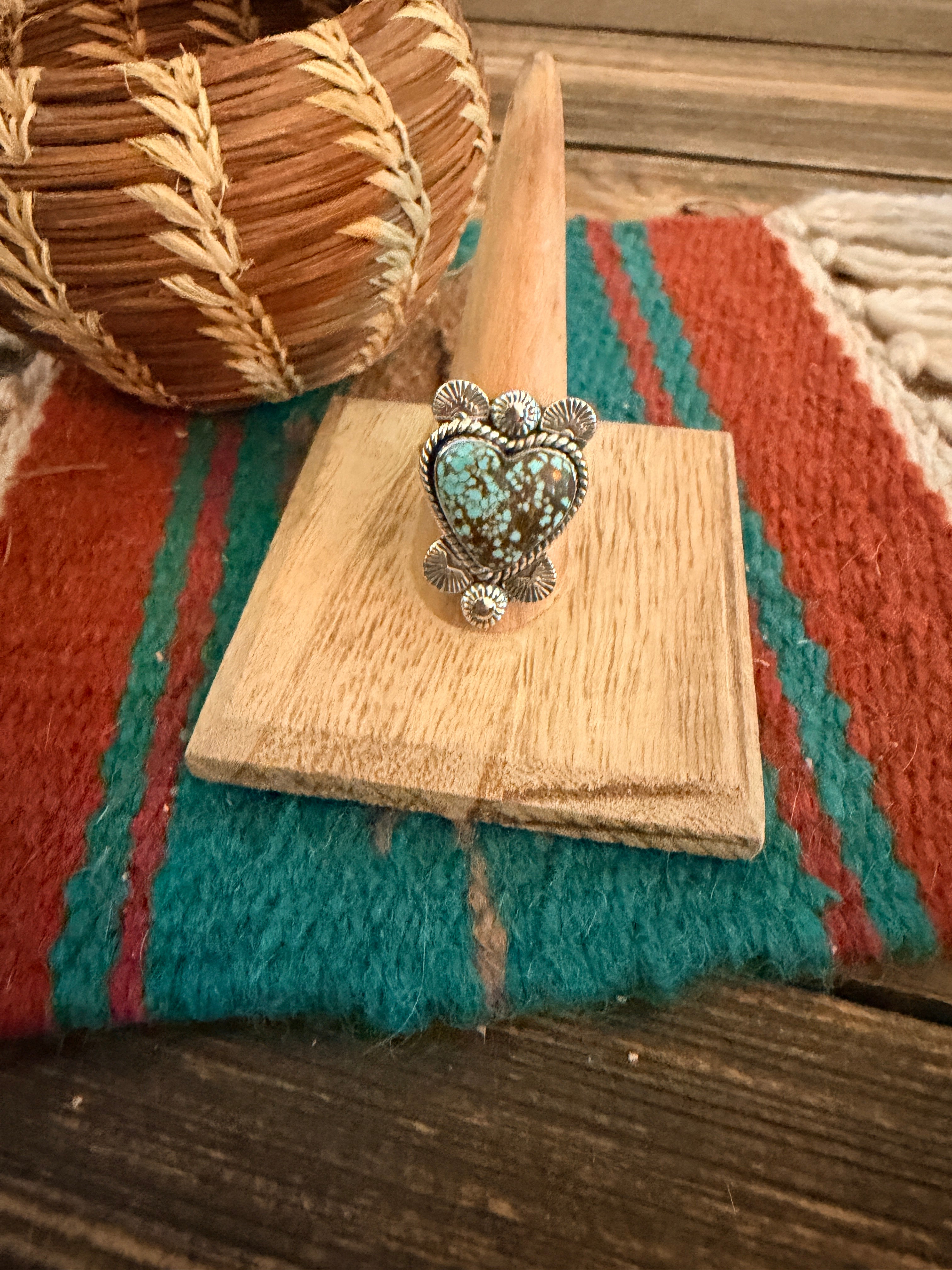 Handmade Sterling Silver Number 8 Turquoise Adjustable Heart Ring Signed Nizhoni