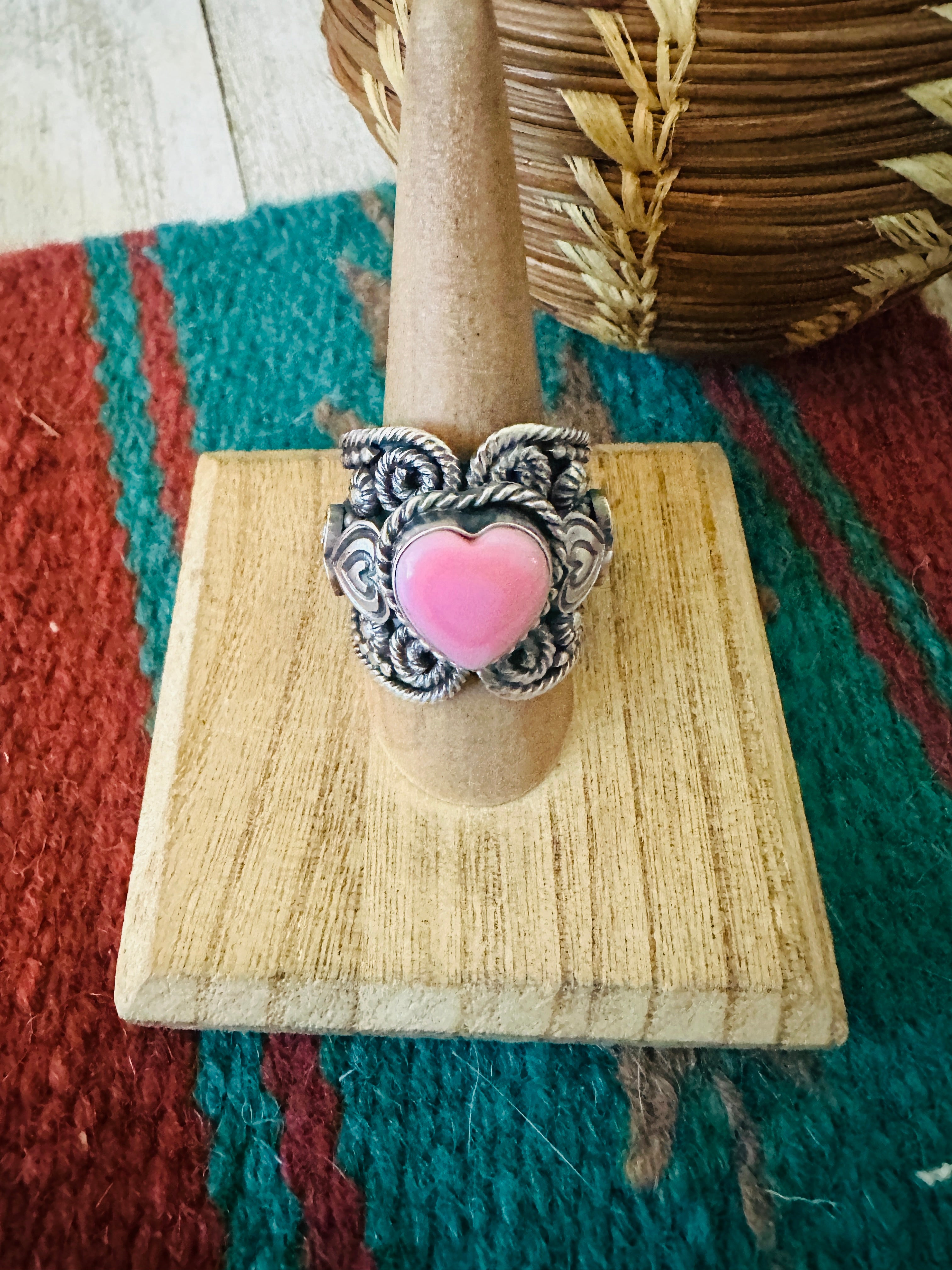 Navajo Sterling Silver and Queen Pink Conch Heart Ring Size 9