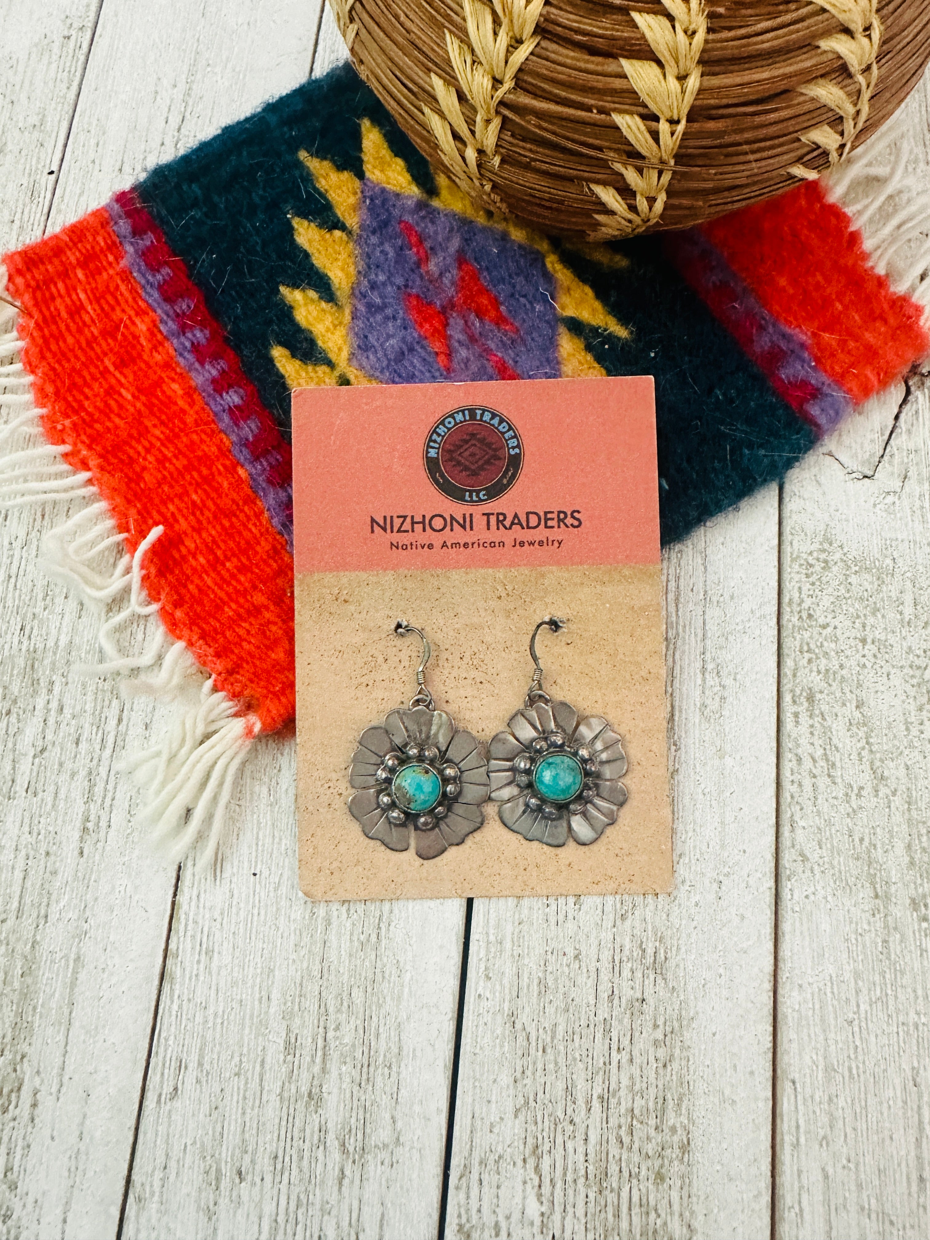 Navajo Turquoise and Sterling Silver Flower Dangle Earrings