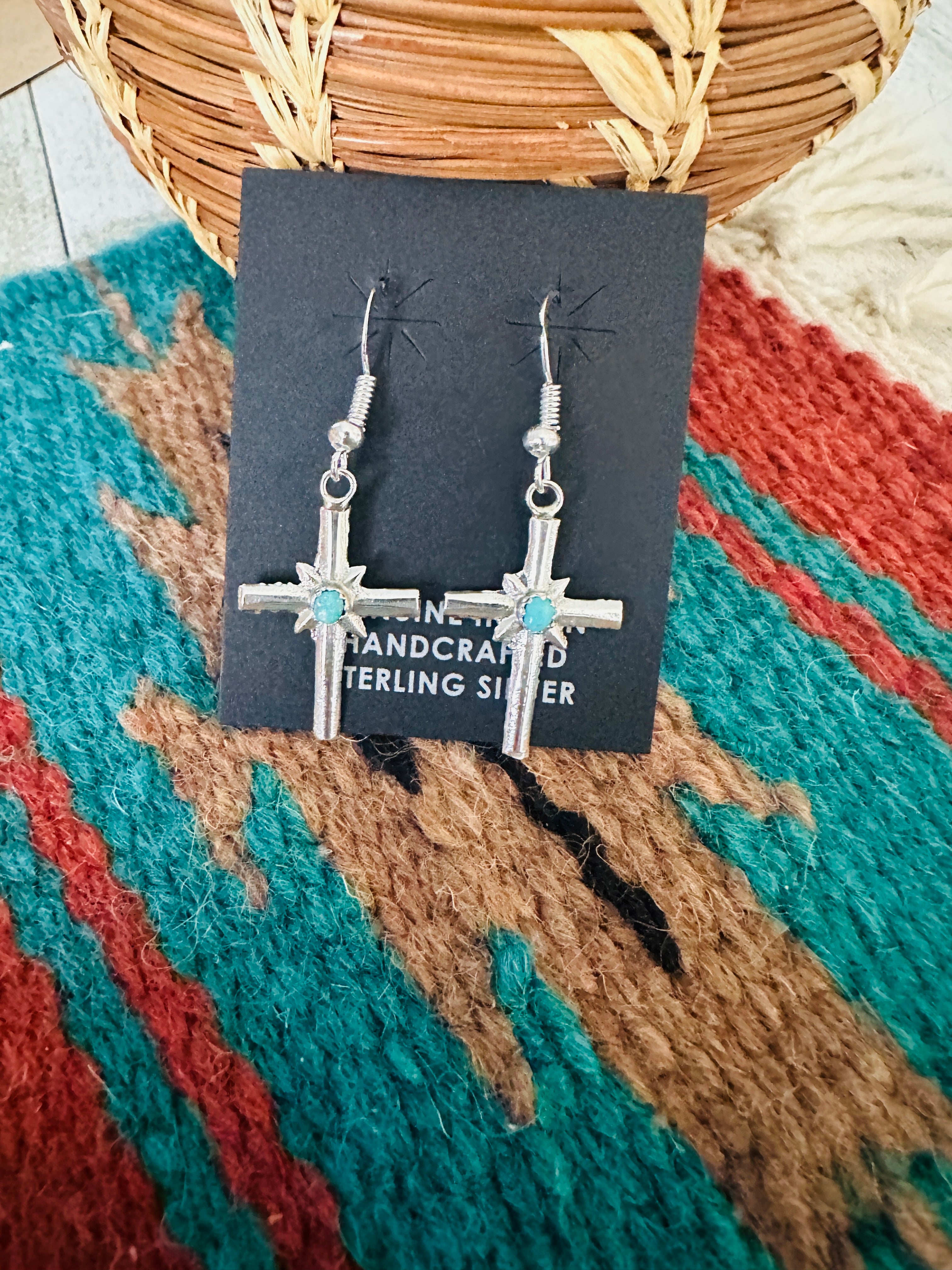 Navajo Sterling Silver & Turquoise Cross Dangle Earrings