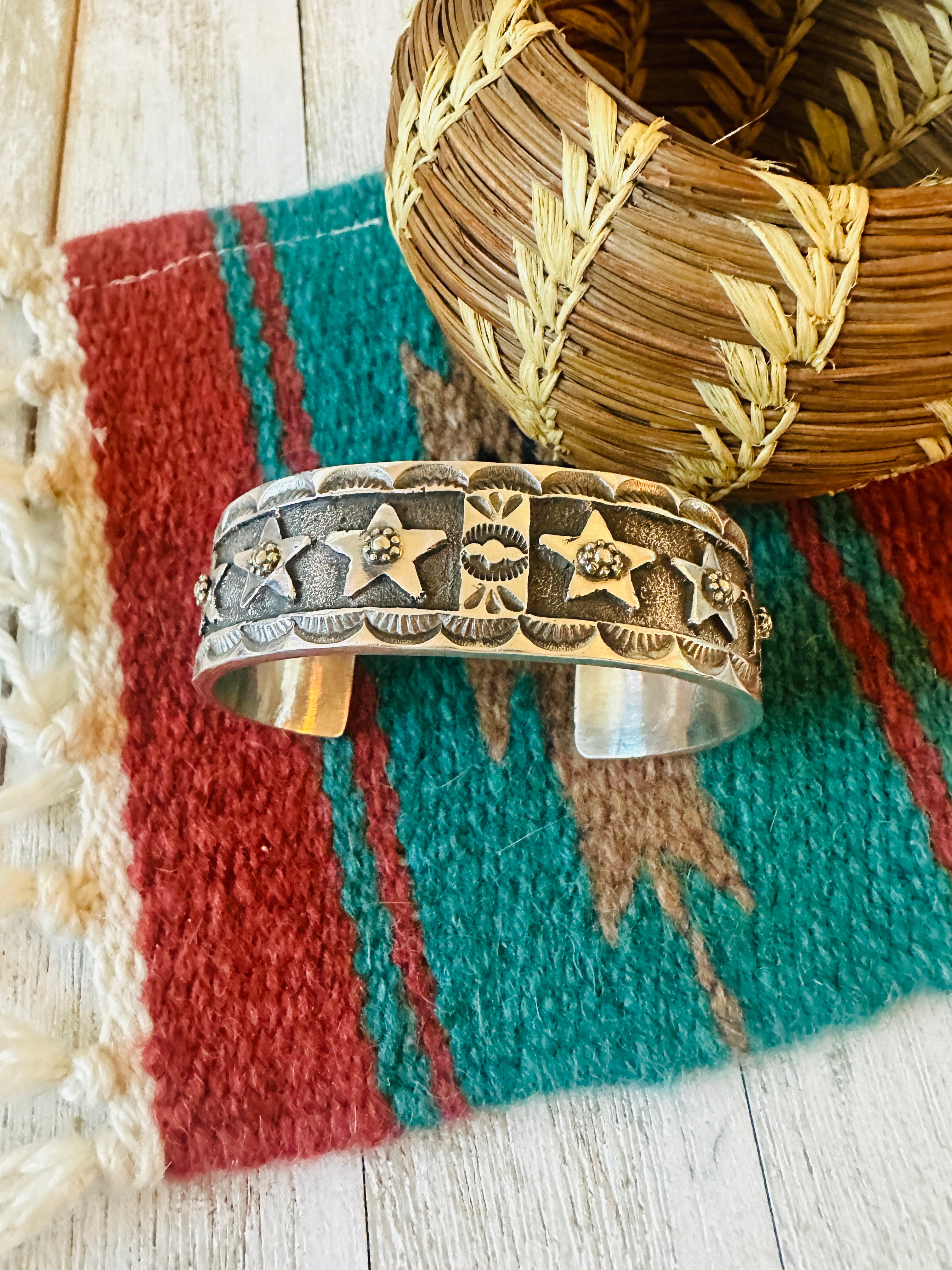 Navajo Hand Stamped Sterling Silver Feather Star Cuff Bracelet