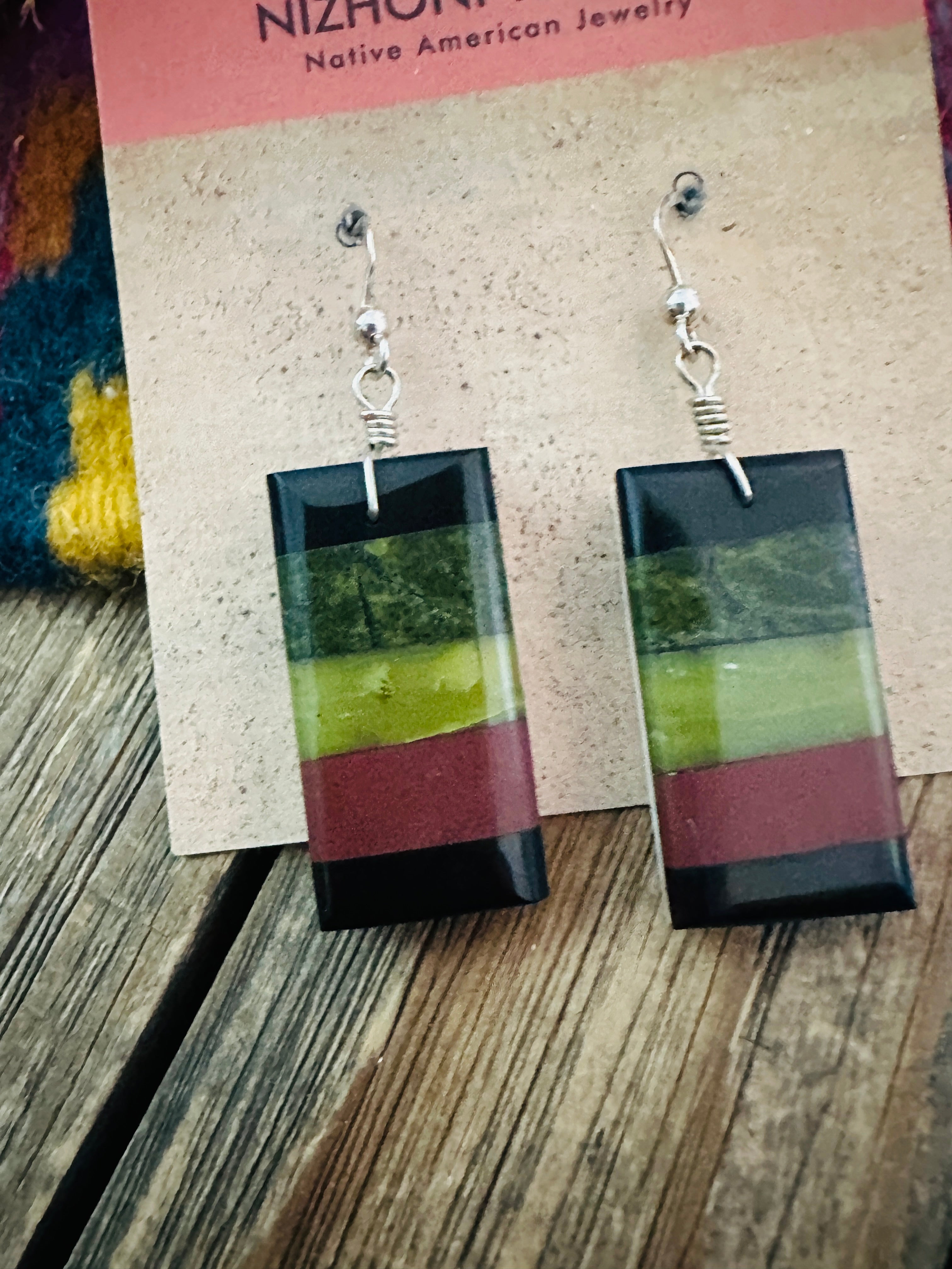 Handcrafted Multi Stone Inlay Slab Dangle Earrings