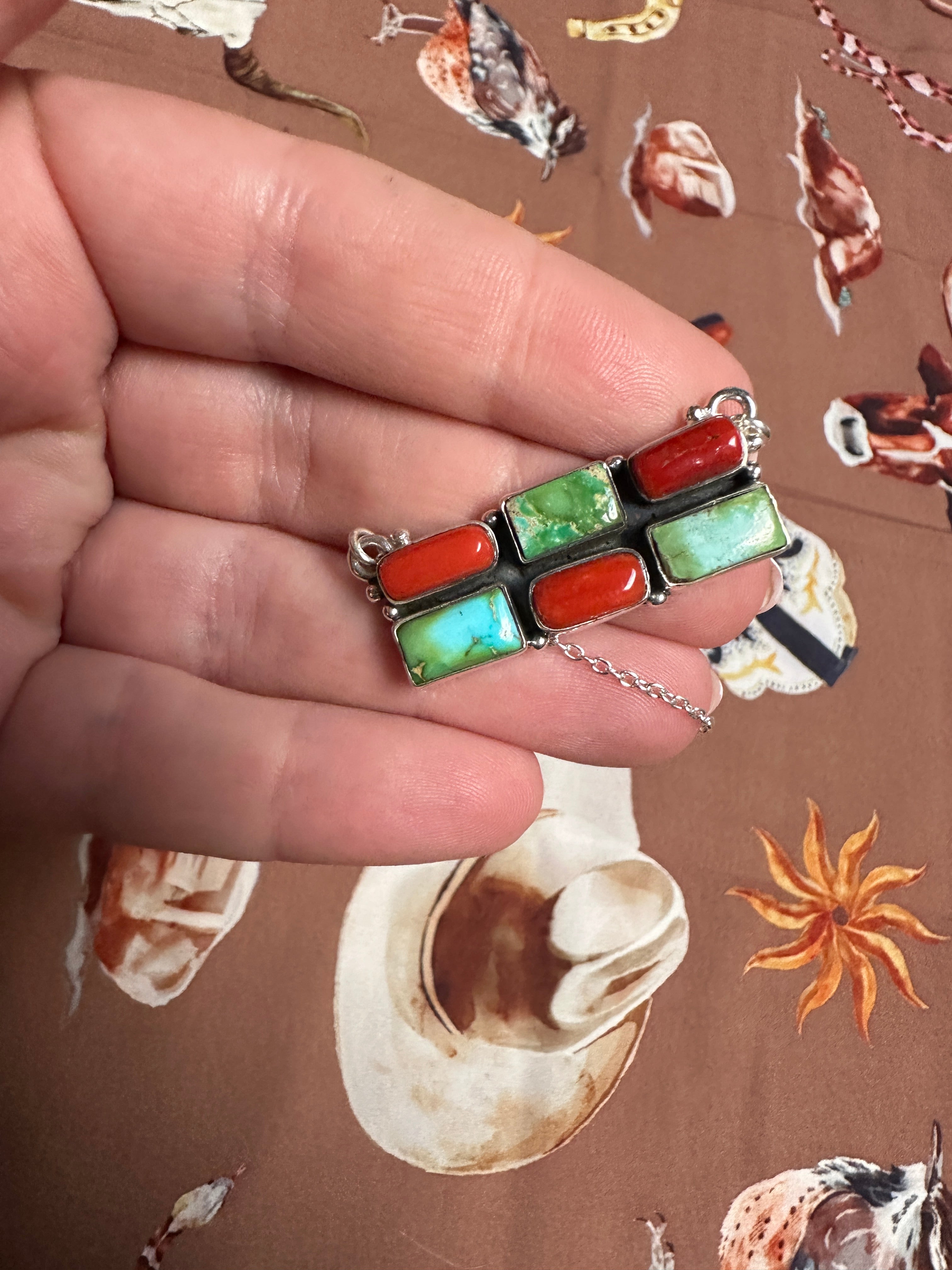 Beautiful Handmade Sterling Silver, Coral & Sonoran Turquoise Bar Necklace style 2