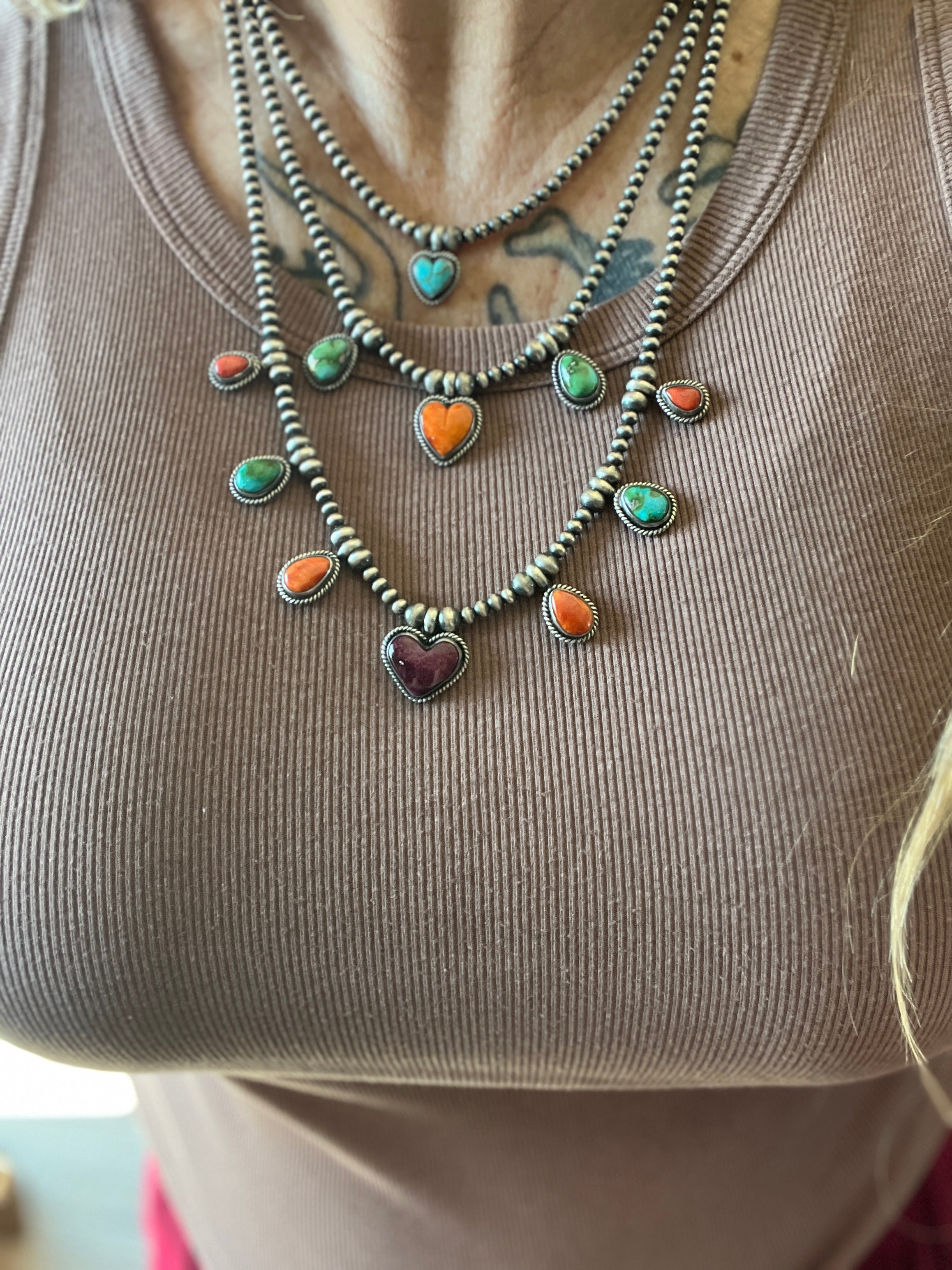 Sterling Silver Electric Rainbow Triple Layer Beaded Drop Heart Necklace & Earrings Set by Loretta Delgarito