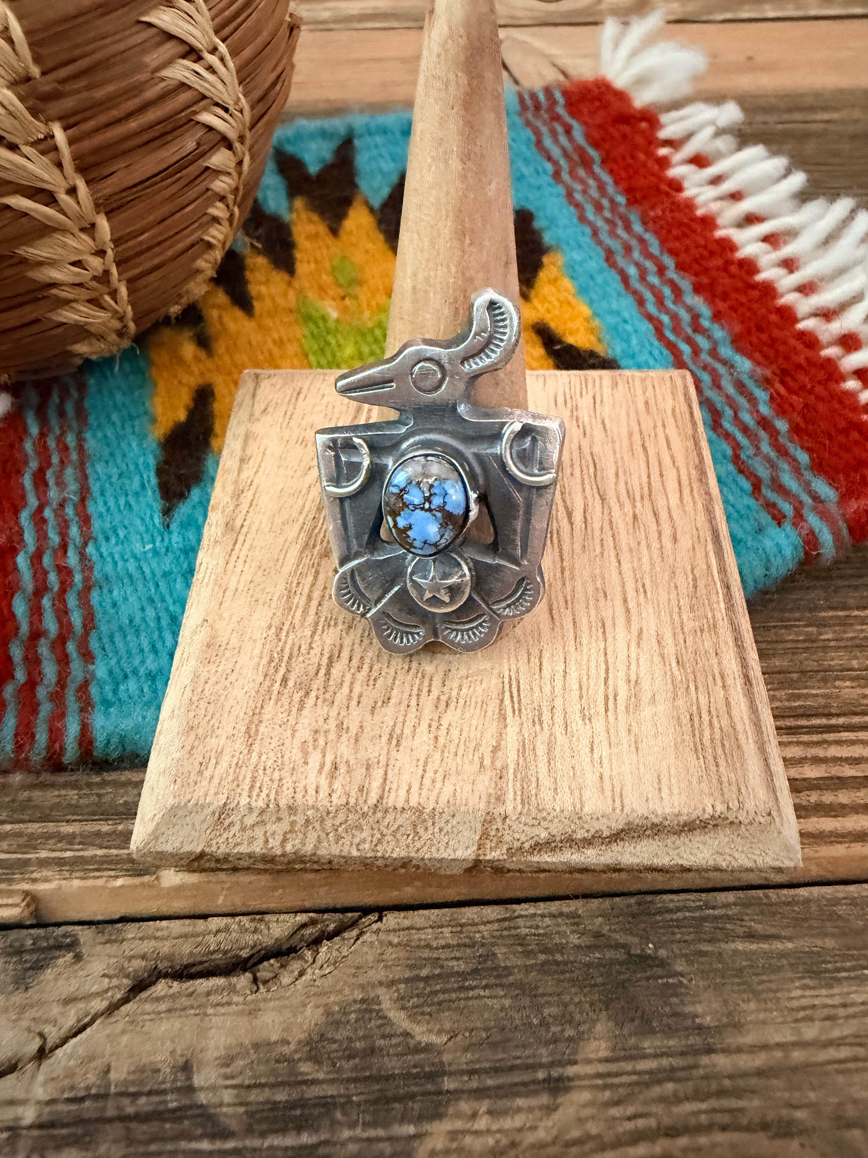 Handcrafted Golden Hills Turquoise and Sterling Silver Thunderbird Ring size 8.75 by Chimney Butte