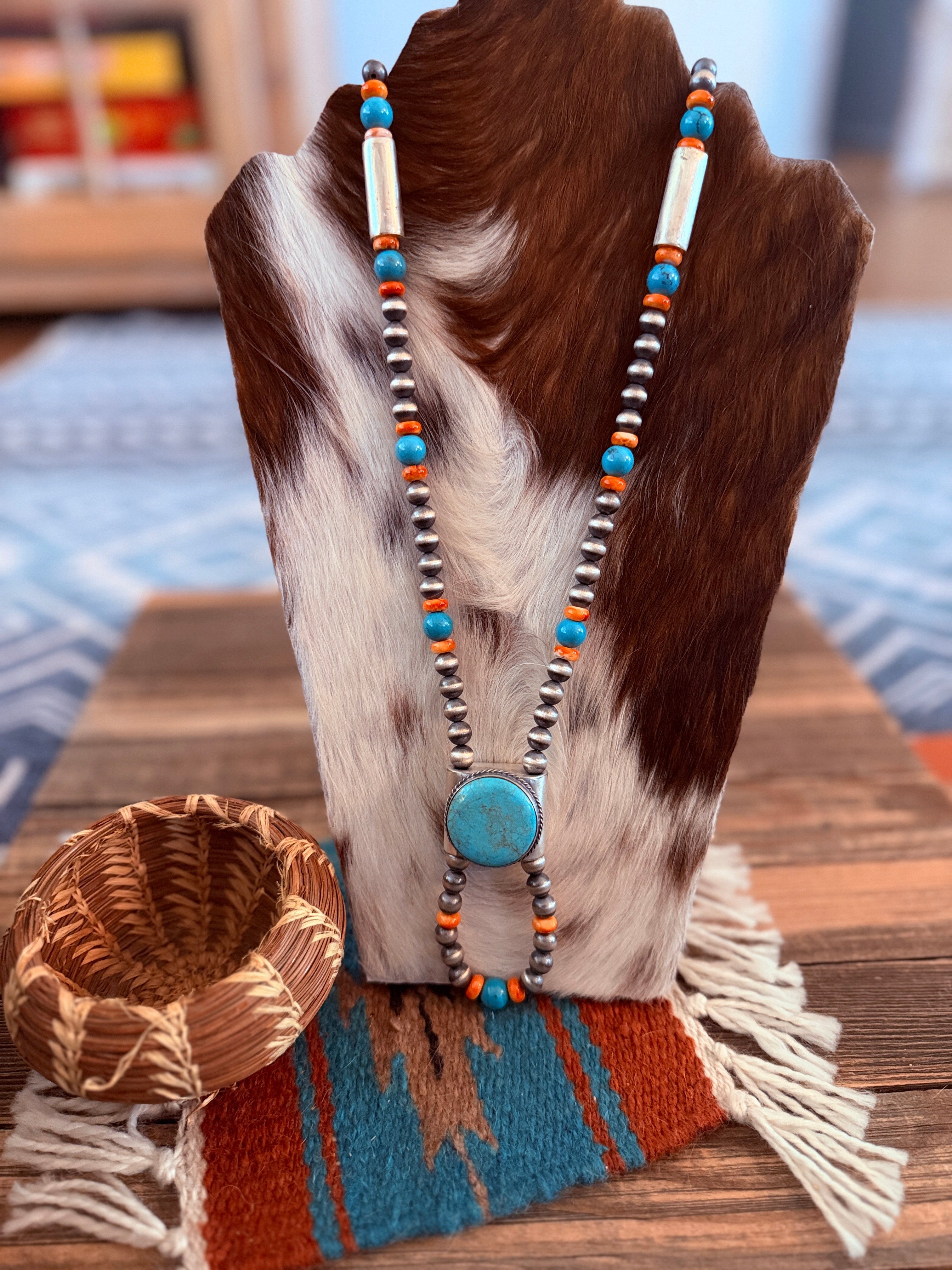 Handcrafted Turquoise, Spiny & Sterling Silver Beaded Jacla Necklace
