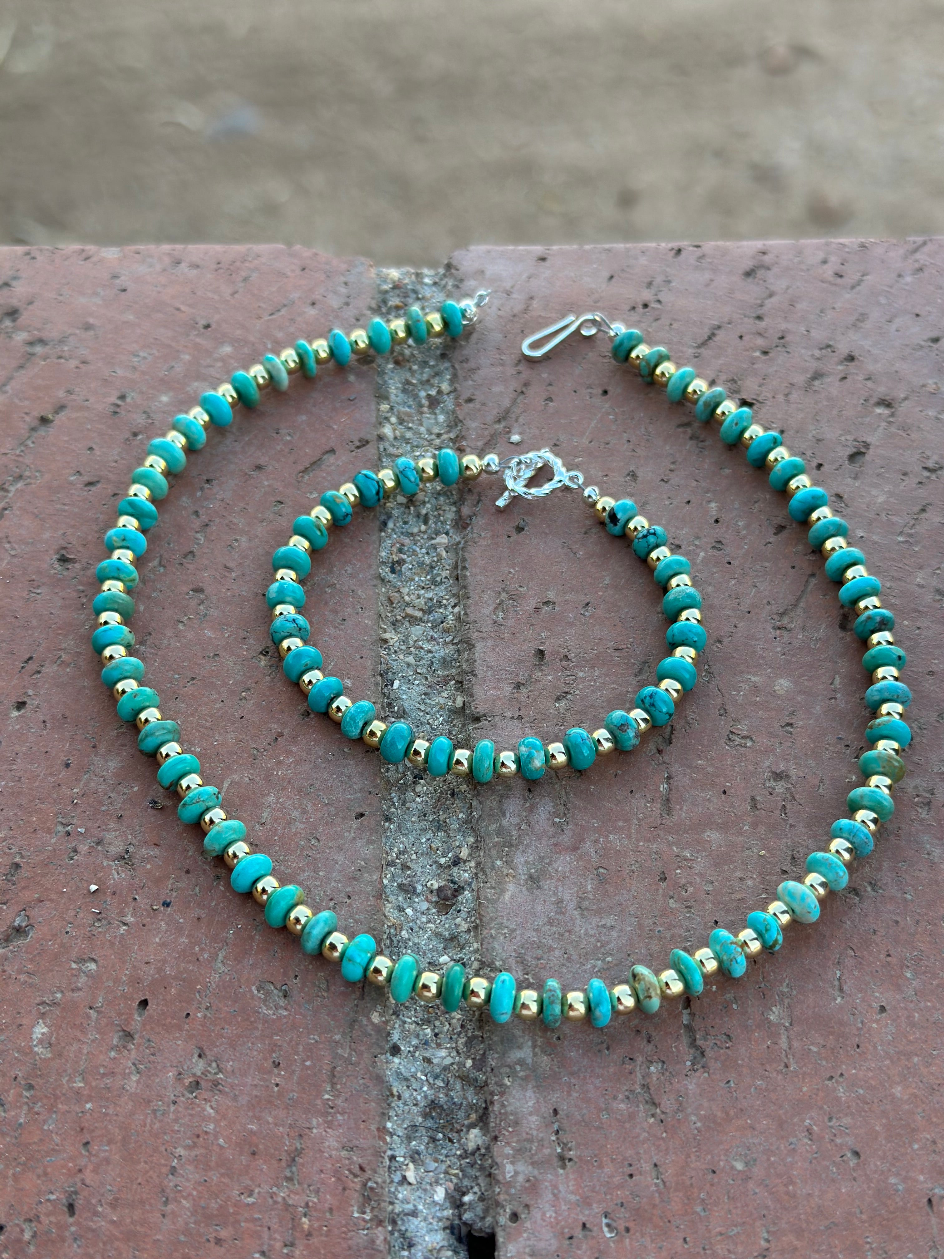 Gilded Sky Turquoise, Gold & Sterling Silver Beaded Necklace and Bracelets