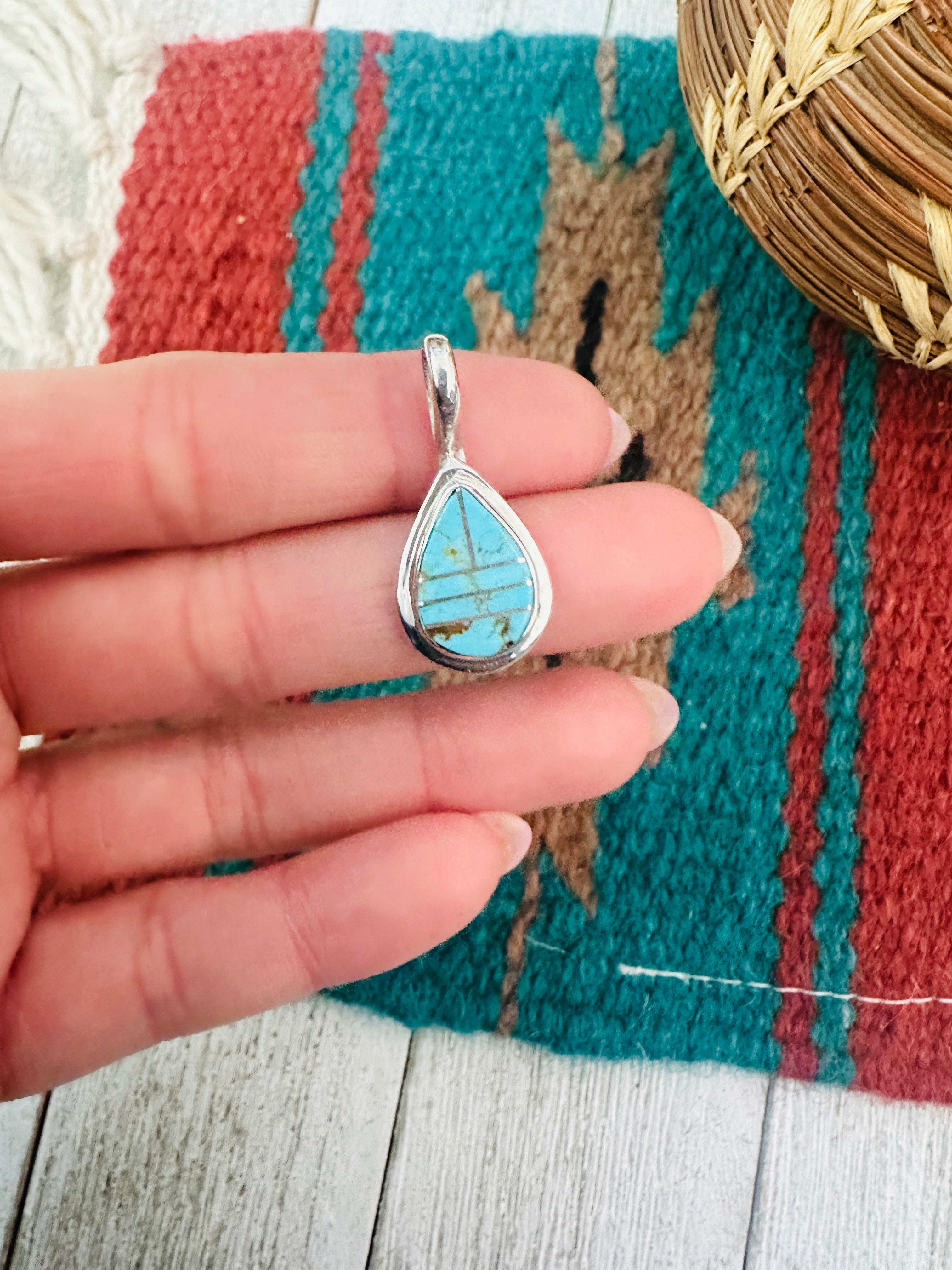 Navajo Turquoise and Sterling Silver Inlay Teardrop Pendant