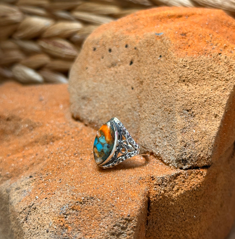 Sterling Silver Orange Spiny Turquoise Ring Size 7.5