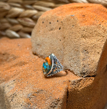 Sterling Silver Orange Spiny Turquoise Ring Size 7.5
