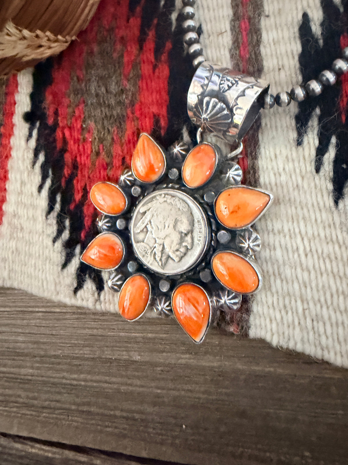 Handcrafted Sterling Silver & Spiny Oyster Buffalo Nickel Pendant