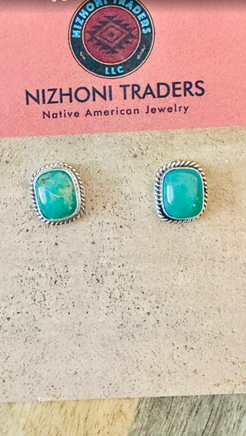 Navajo Royston Turquoise & Sterling Silver Rectangle Stud Earrings