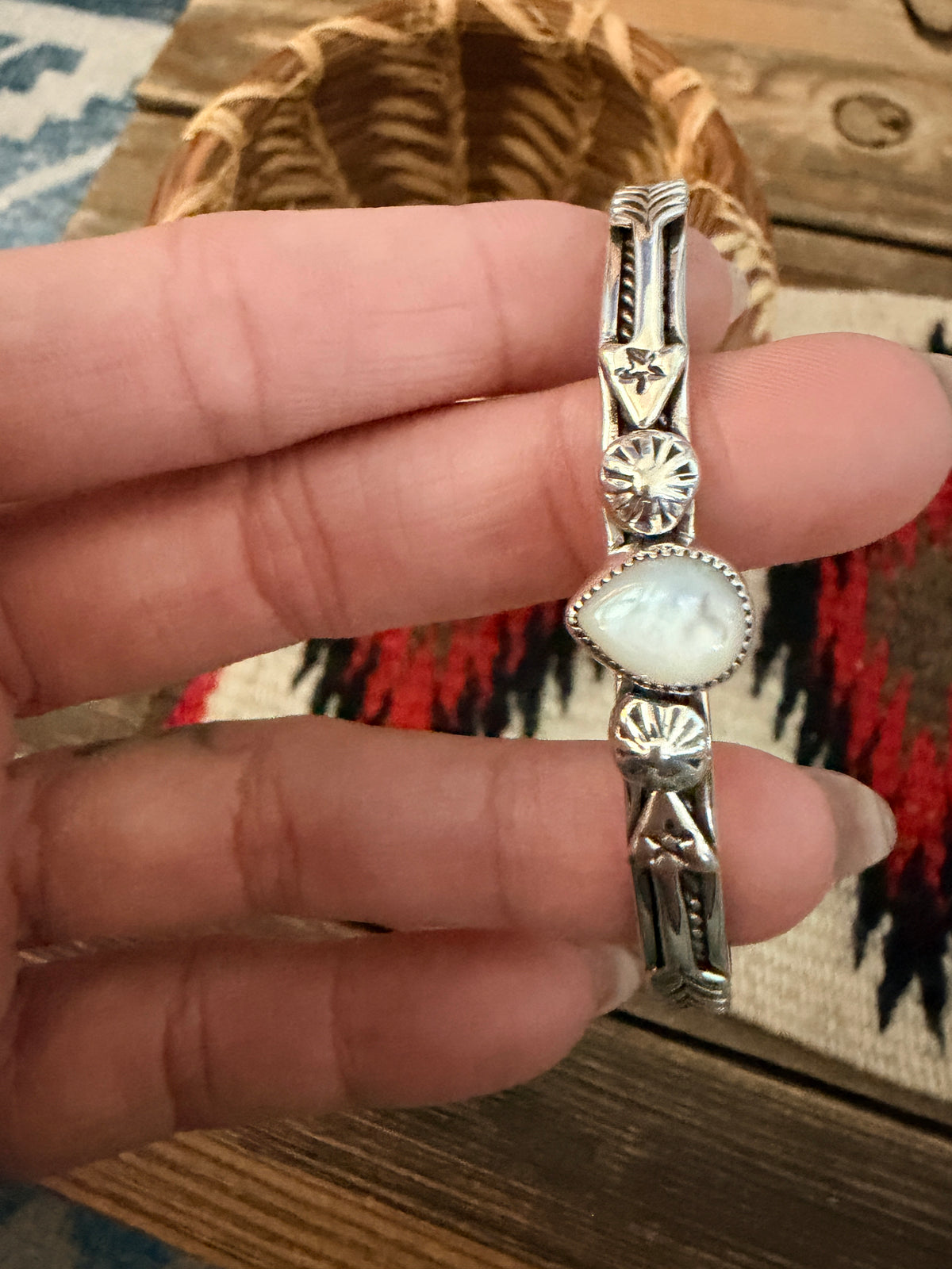 Handcrafted Sterling Silver and Mother of Pearl Cuff Bracelet