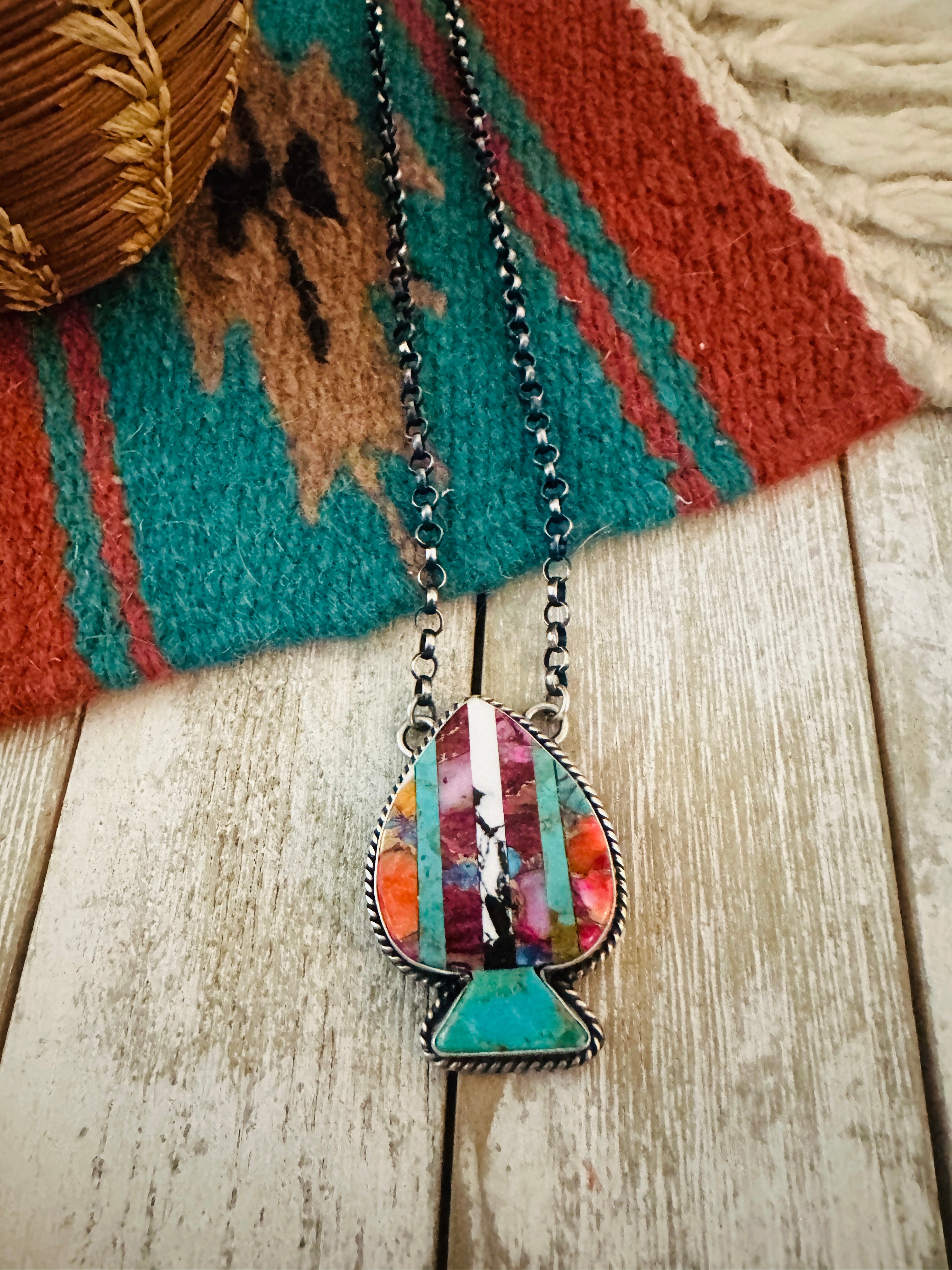 Navajo Sterling Silver & Multi Stone Inlay Spade Necklace