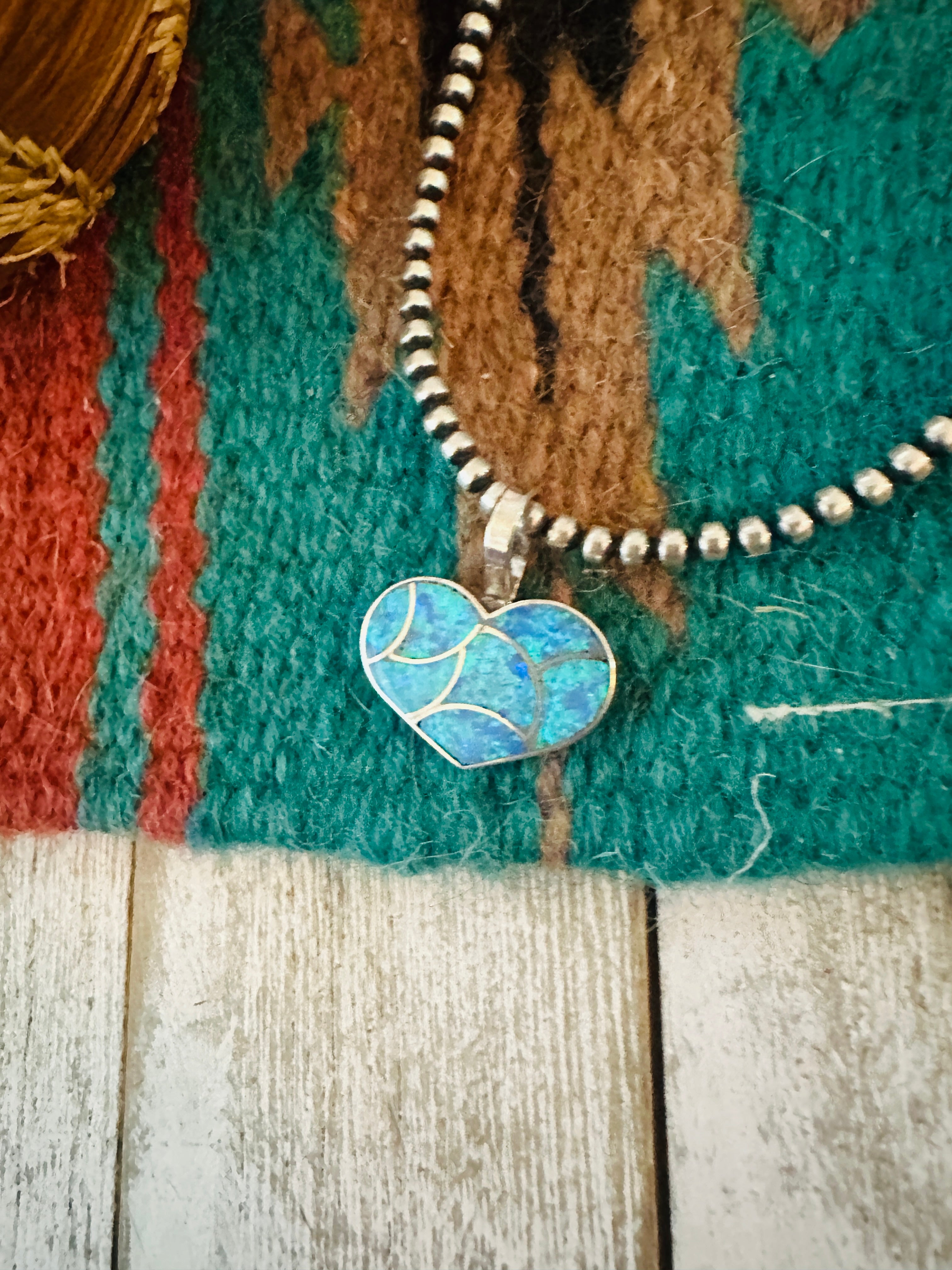 Handcrafted Blue Opal & Sterling Silver Inlay Heart Pendant