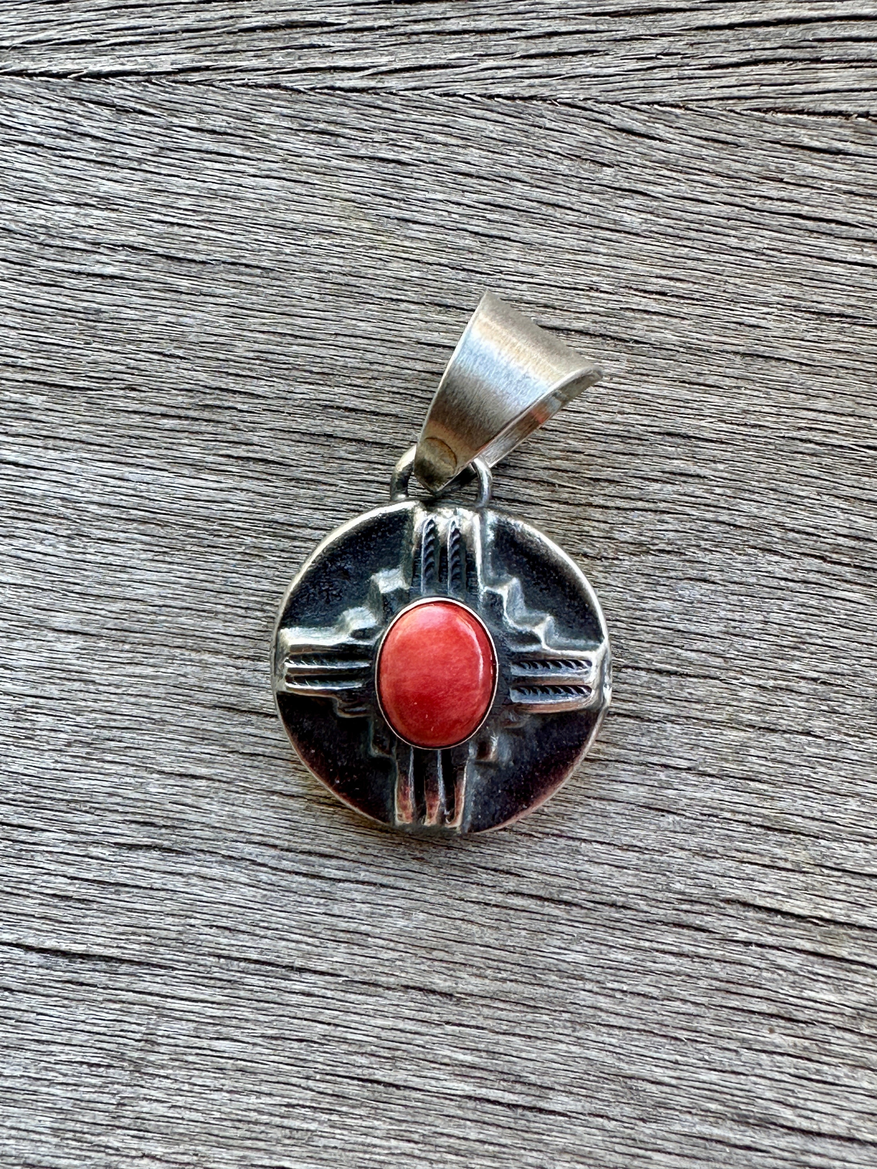 Navajo Sterling Silver Orange Spiny Round Zia Pendant By Chimney Butte