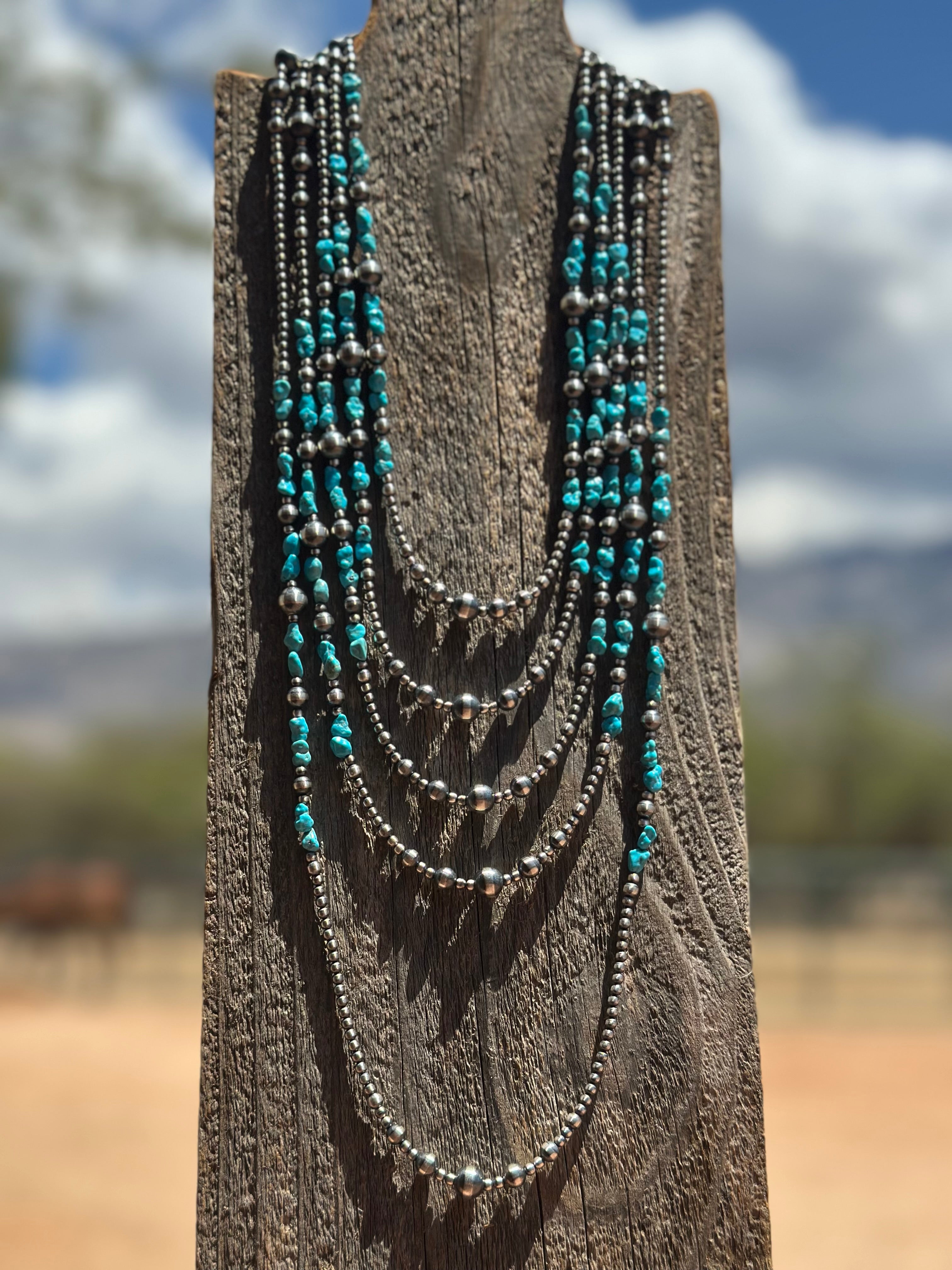 Kingman Turquoise & Sterling Silver 3mm-8mm Beaded Necklace