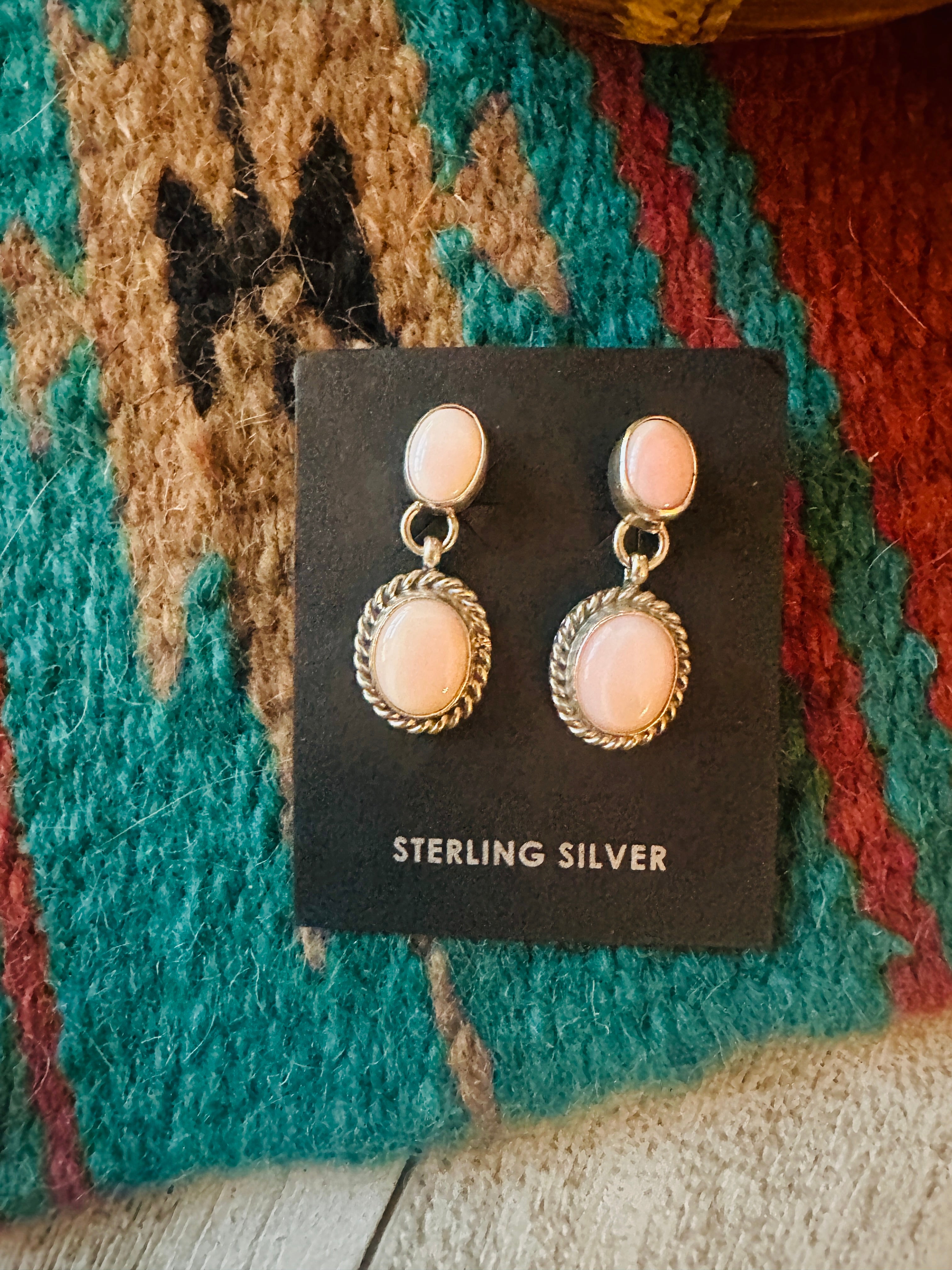 Navajo Queen Pink Conch & Sterling Silver Two Stone Dangle Earrings