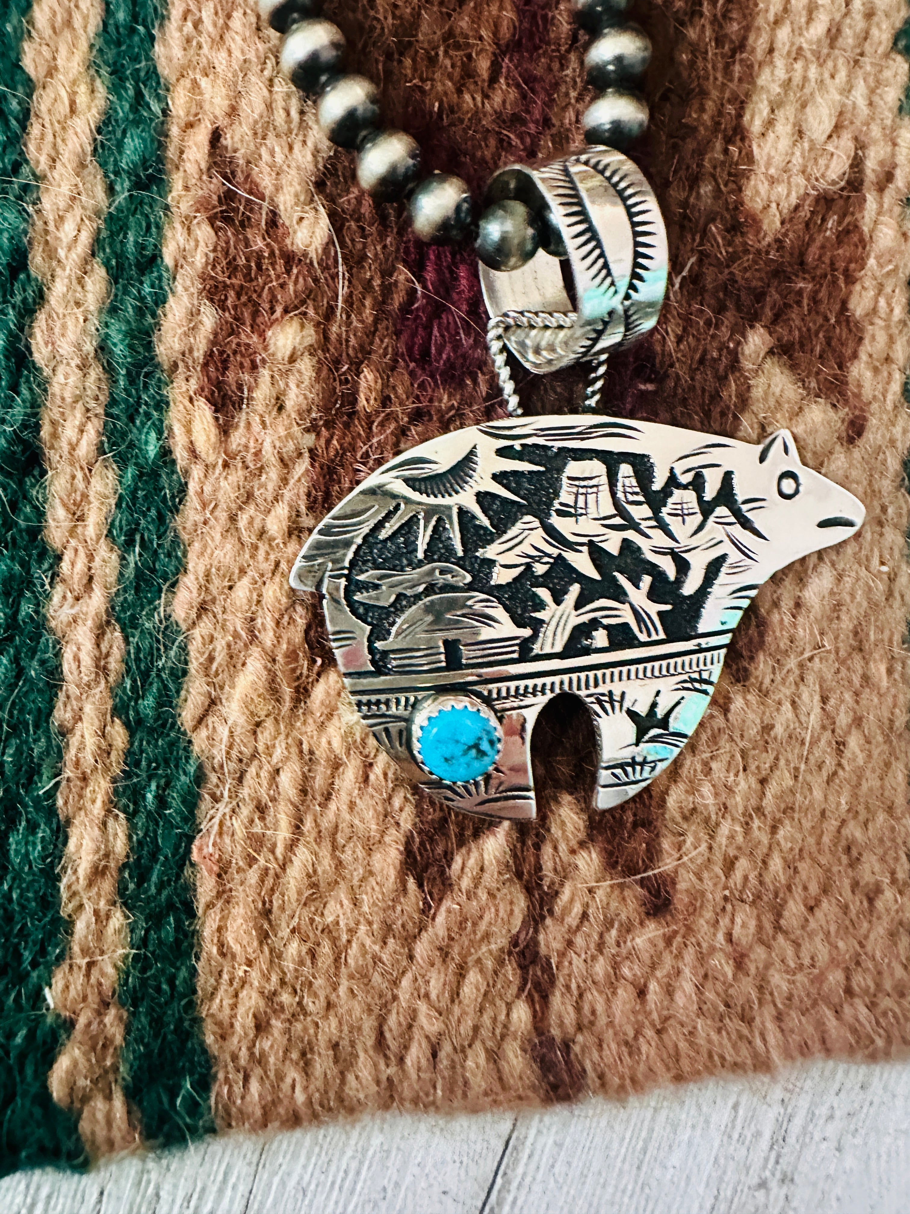 Navajo Turquoise & Sterling Silver Bear Pendant Signed Richard Singer