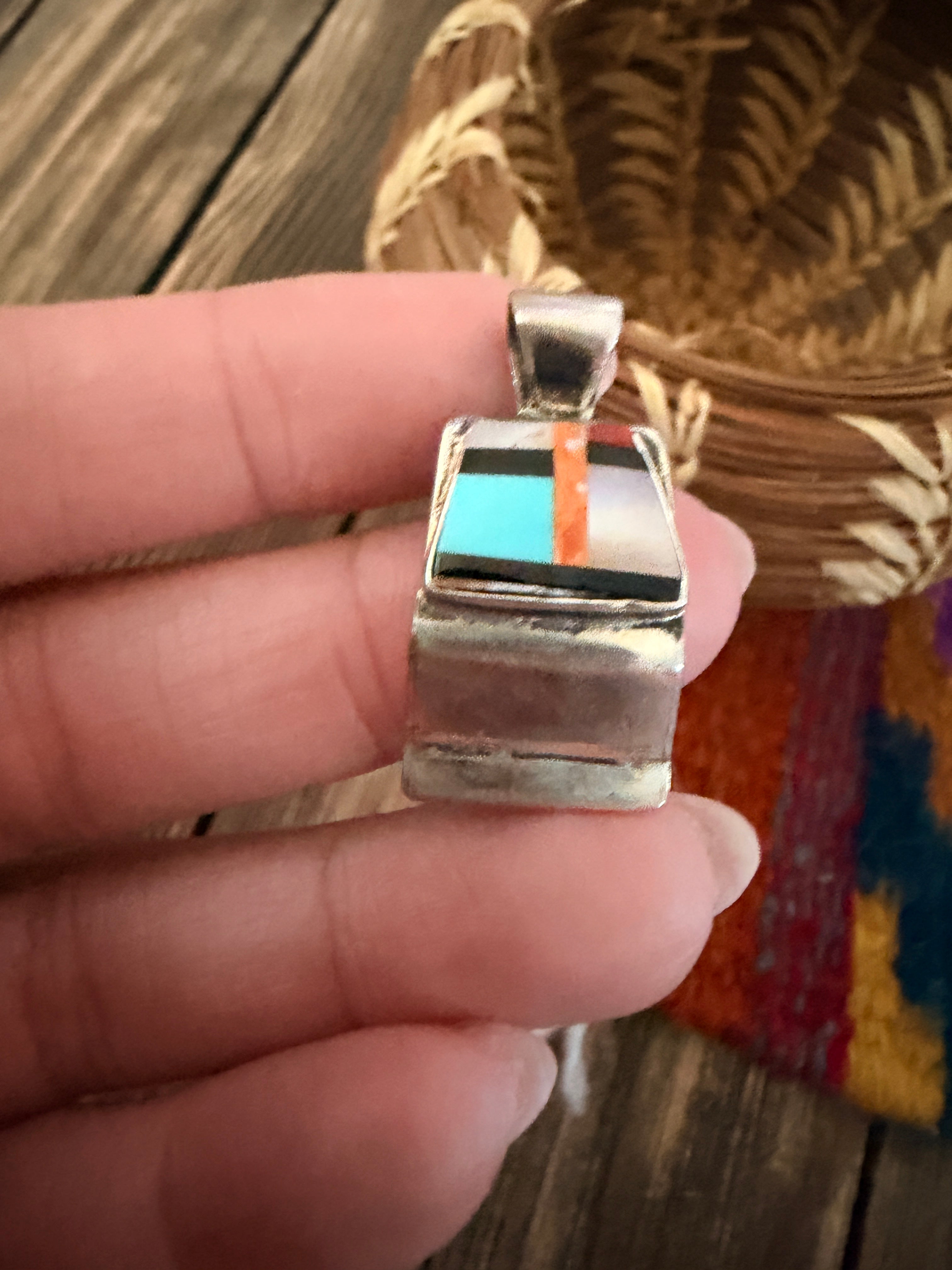 Old Pawn Handcrafted Multi Stone & Sterling Silver Inlay Pendant