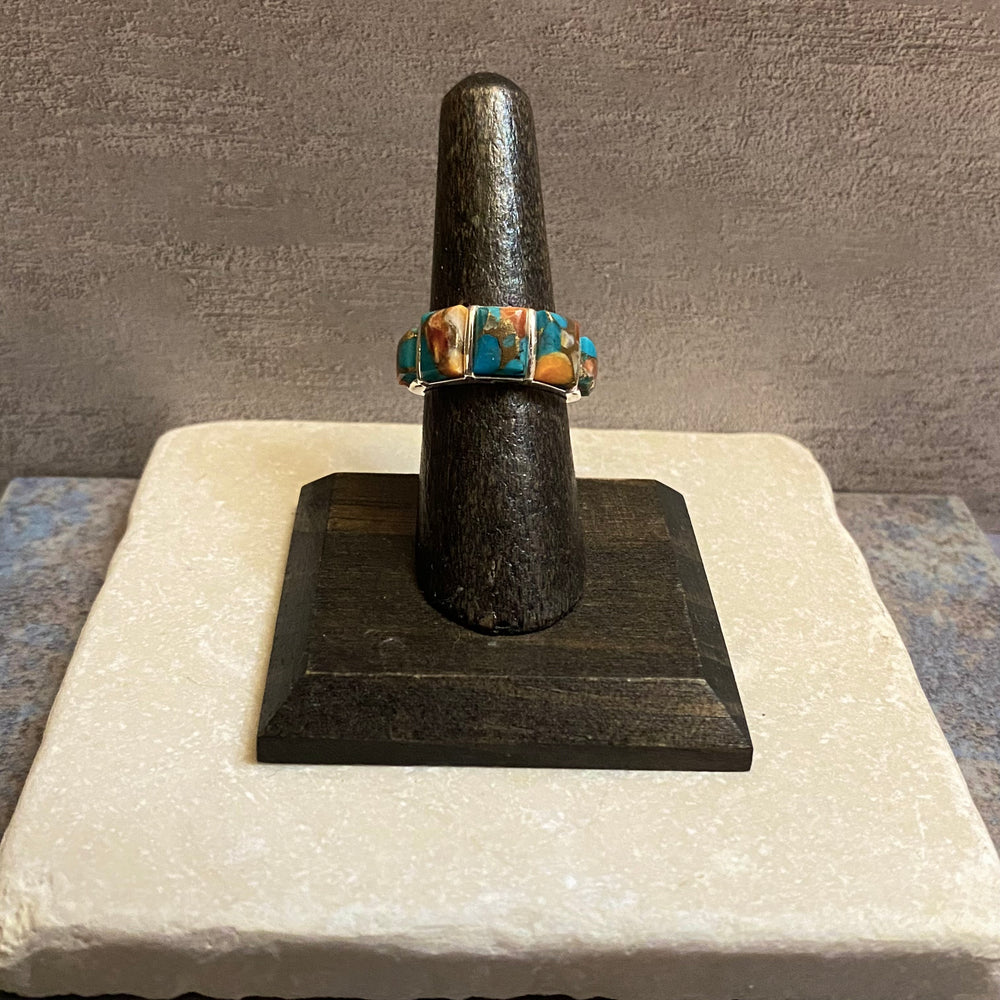 Sterling Silver Five Stone Orange Spiny Turquoise Ring Size 6.5
