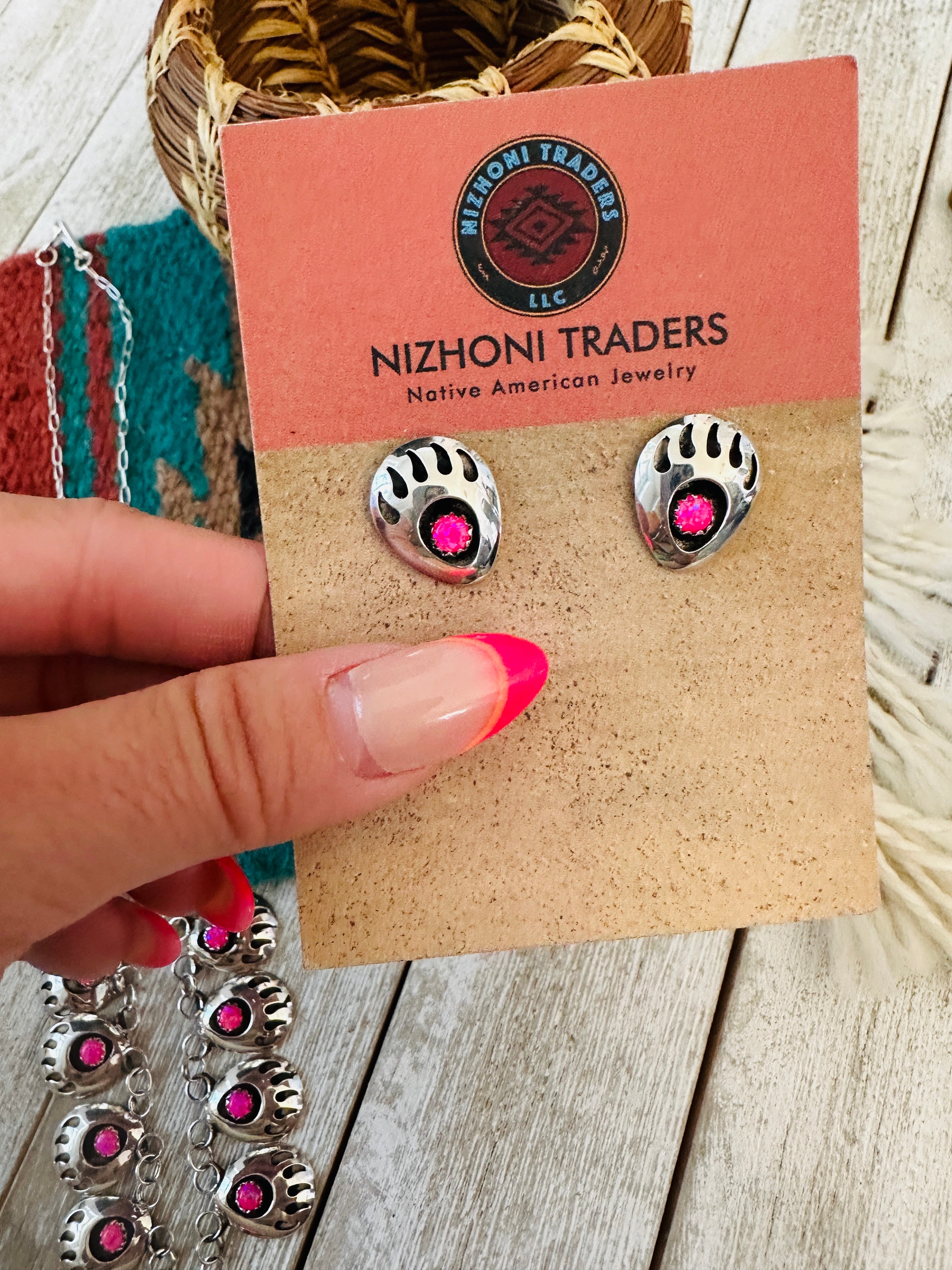 Handcrafted Sterling Silver & Pink Opal Bear Paw Necklace & Earring Set