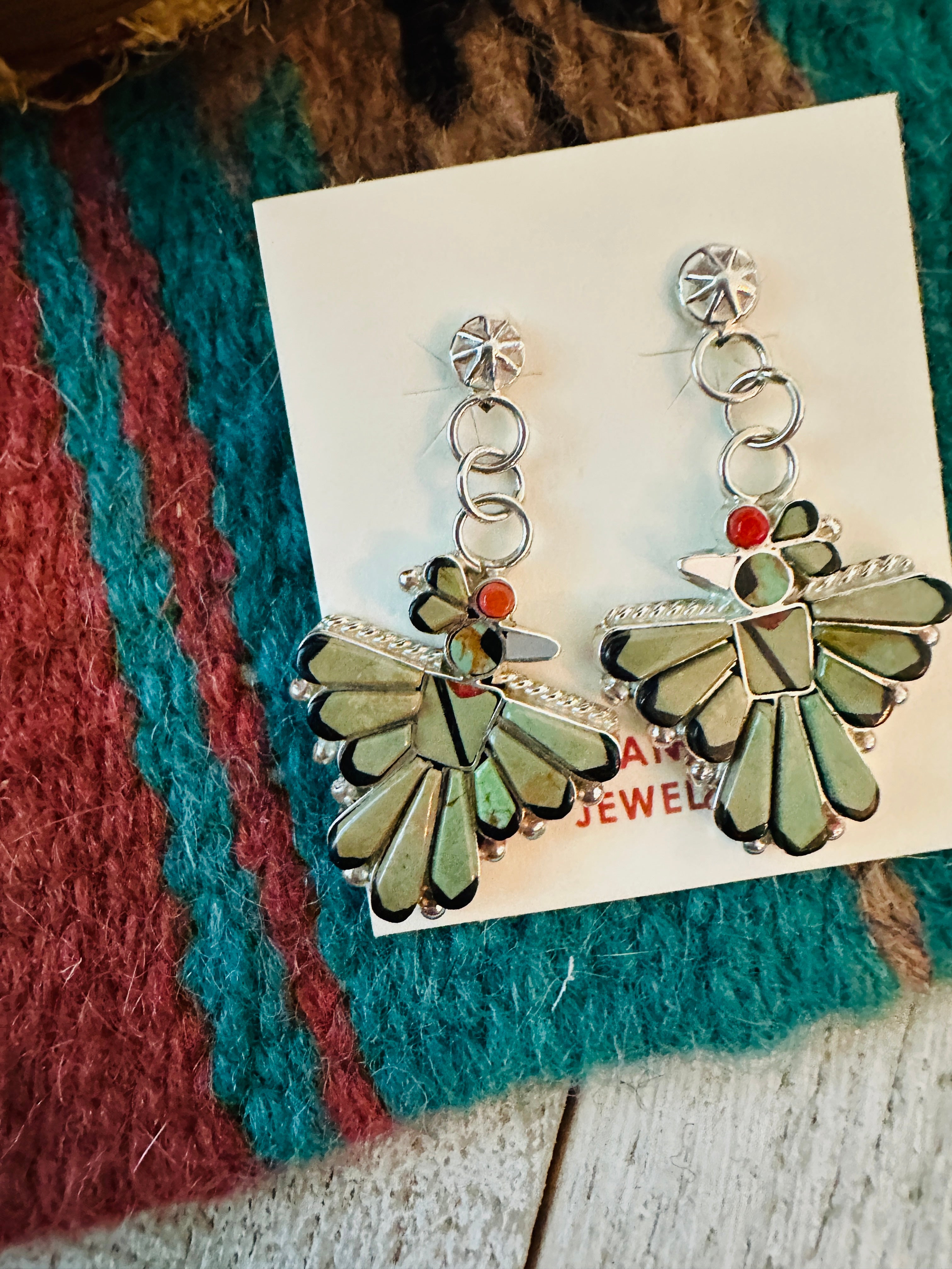 Handcrafted Multi Stone & Sterling Silver Inlay Thunderbird Dangle Earrings