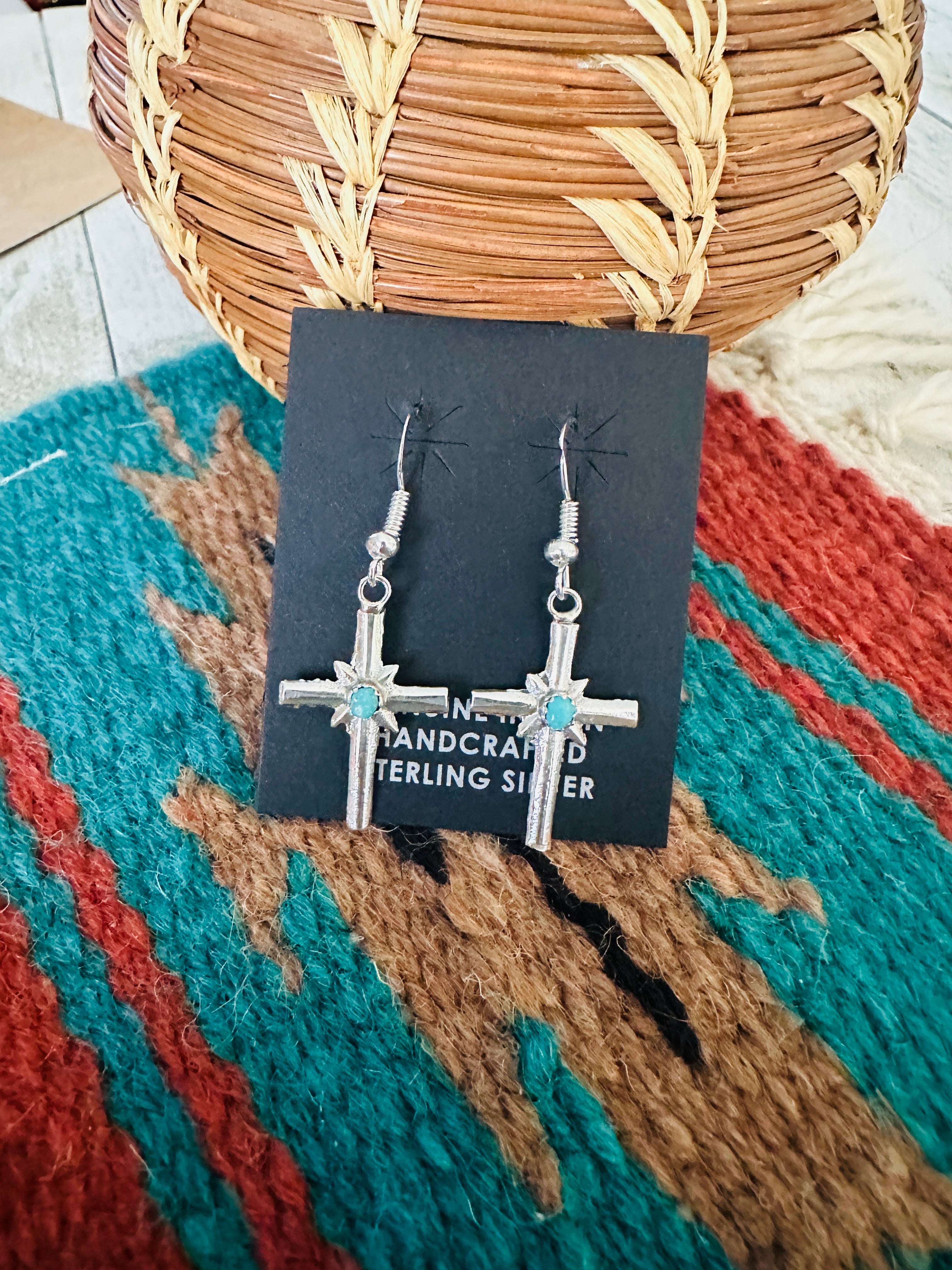 Navajo Sterling Silver & Turquoise Cross Dangle Earrings