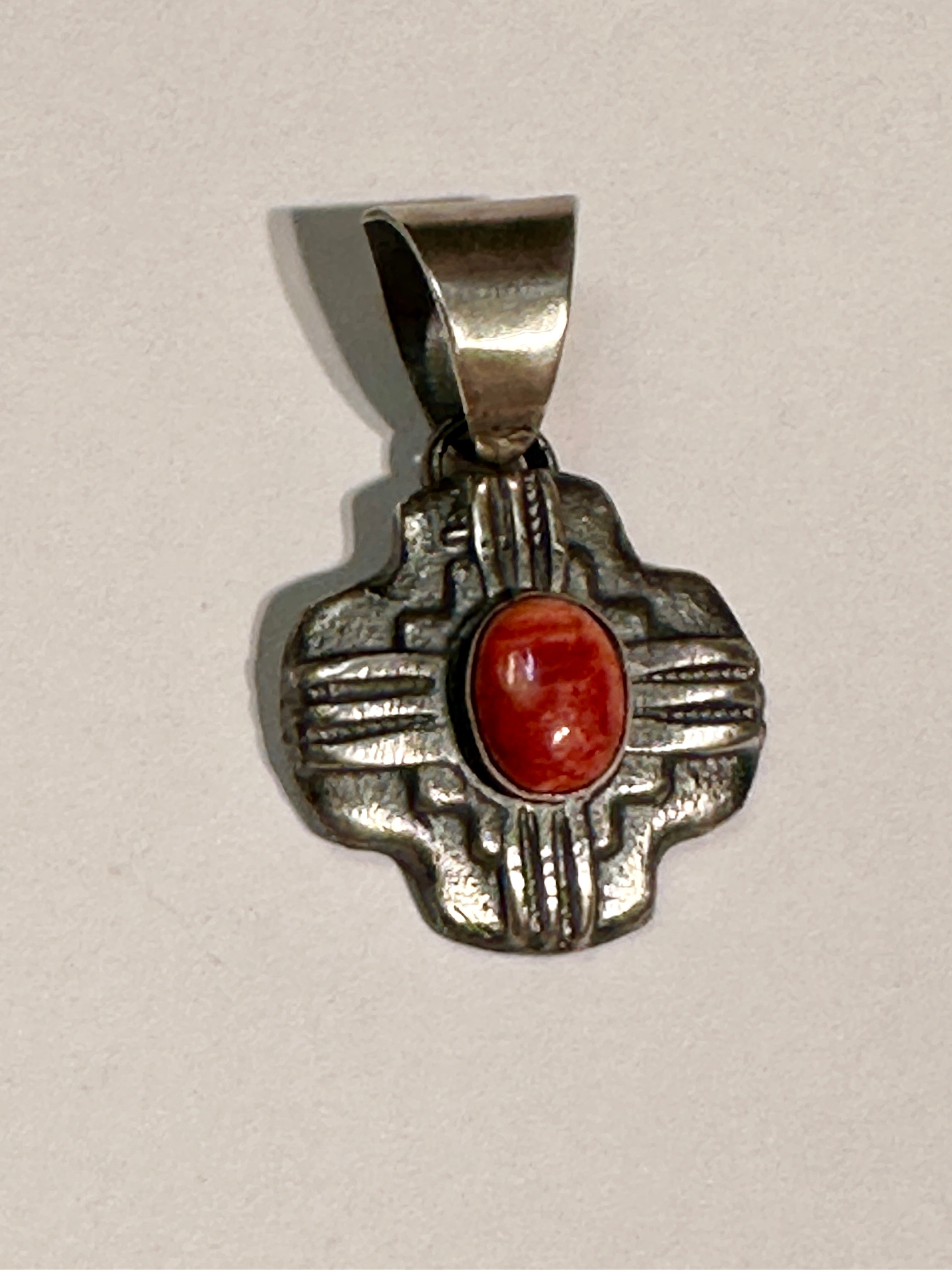 Navajo Sterling Silver Orange Spiny Zia Pendant By Chimney Butte