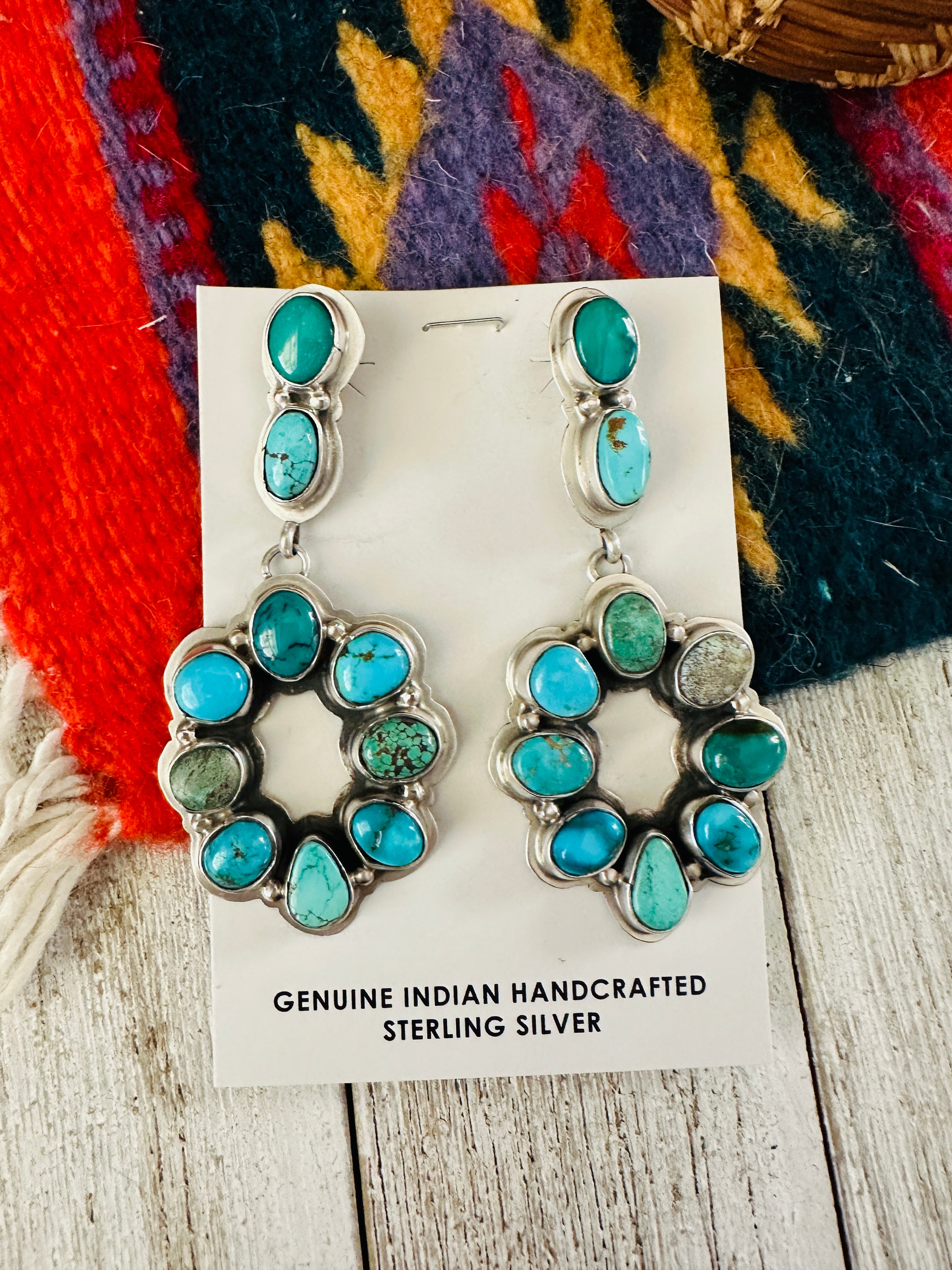 Navajo Multi Turquoise & Sterling Silver Cluster Dangle Earrings