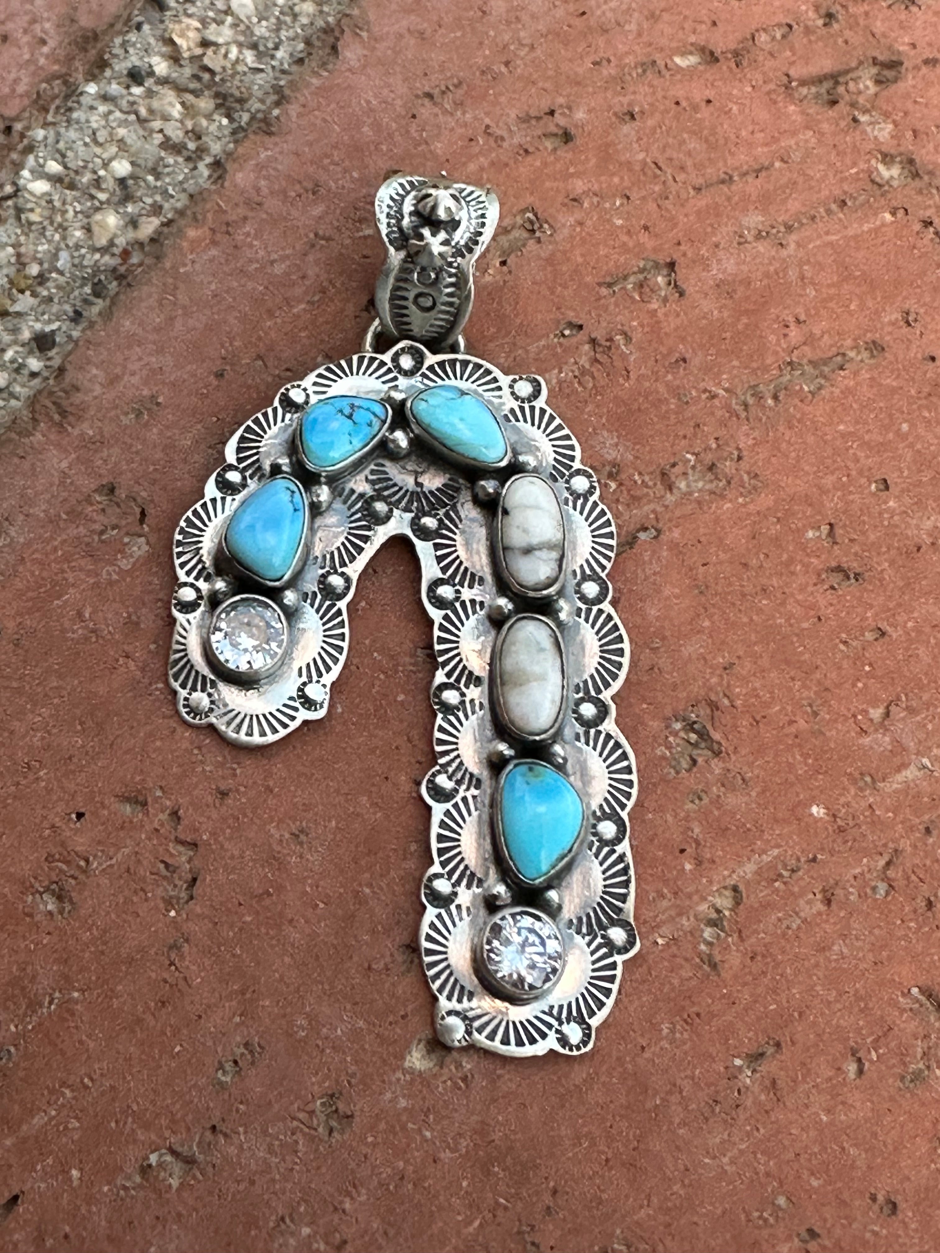 Handmade Sterling Silver White Buffalo & Golden Hills Turquoise Christmas Candy Cane Pendant